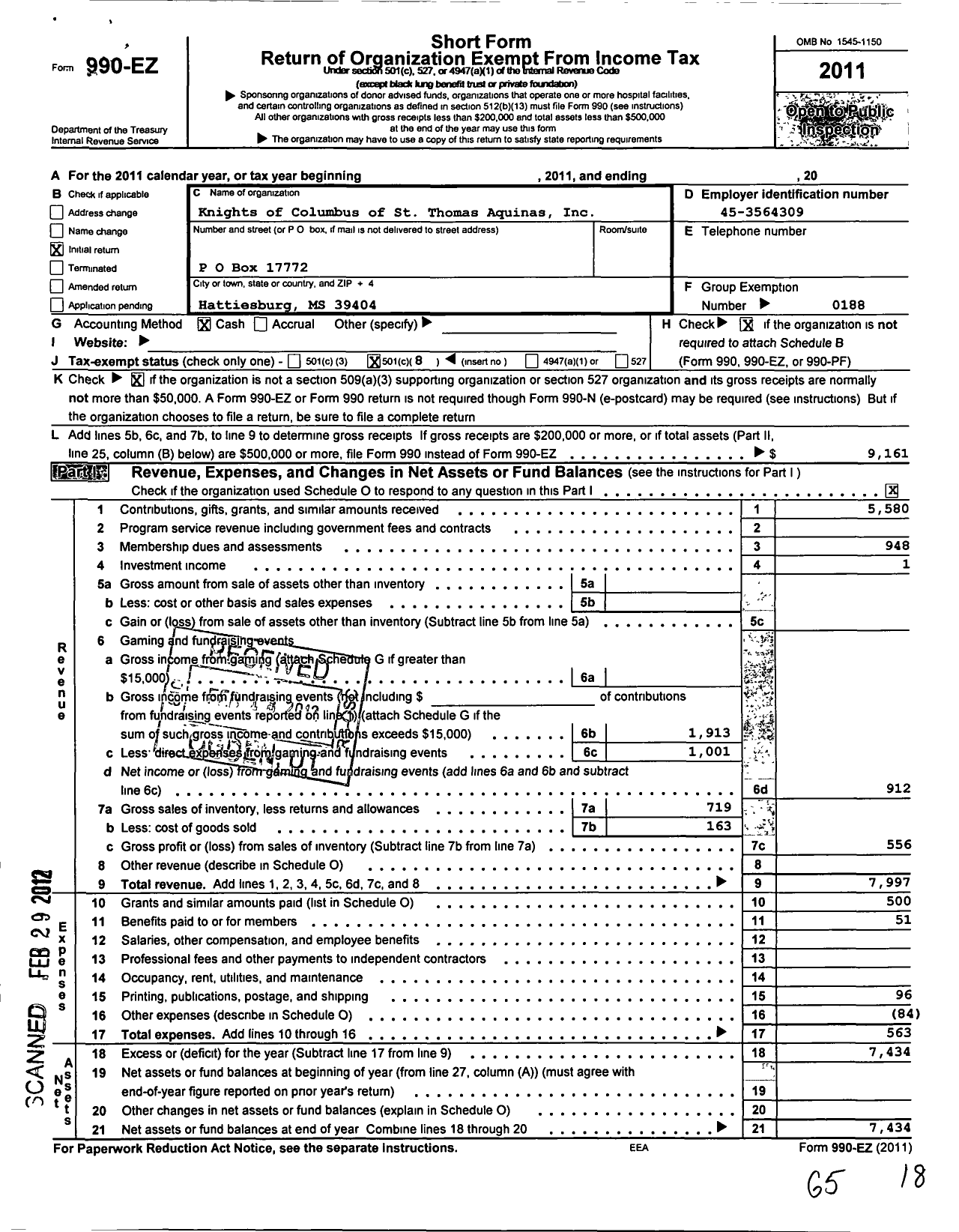 Image of first page of 2011 Form 990EO for Knights of Columbus - 15382 St Thomas Aquinas Council