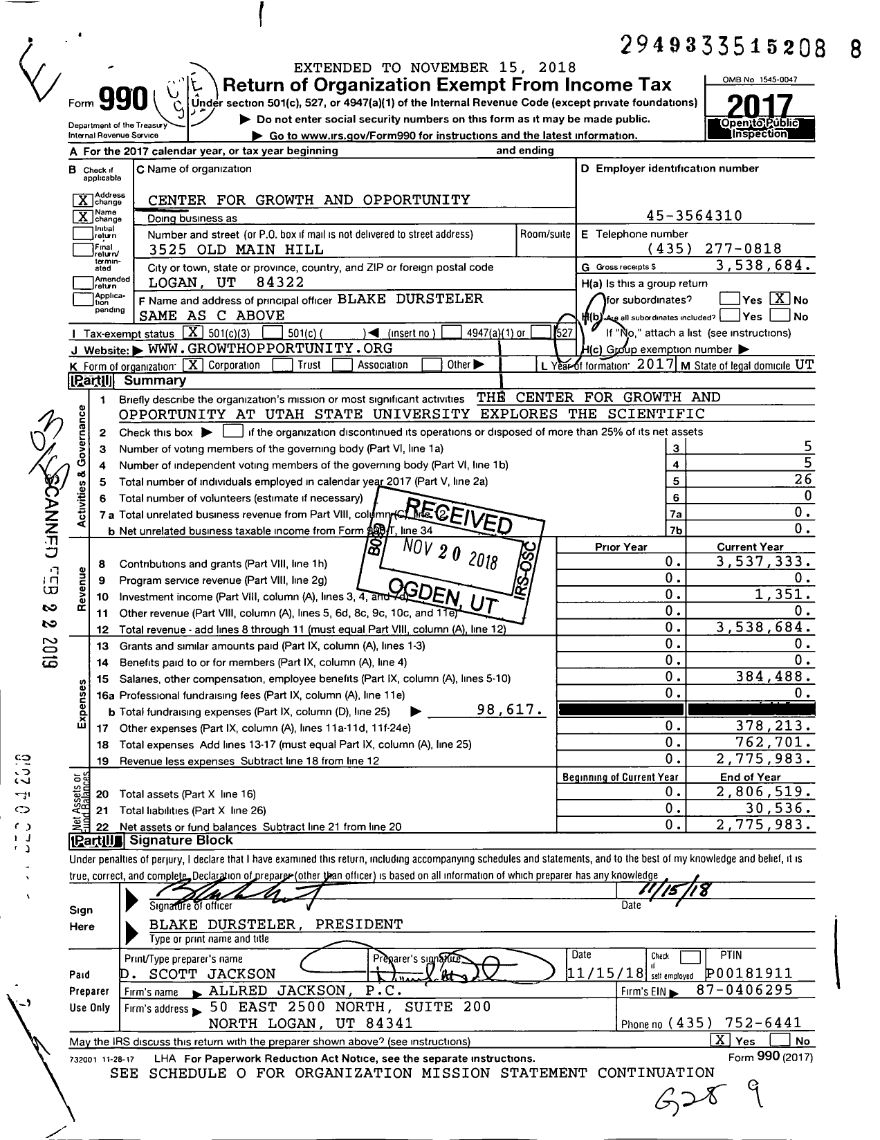 Image of first page of 2017 Form 990 for Center for Growth and Opportunity