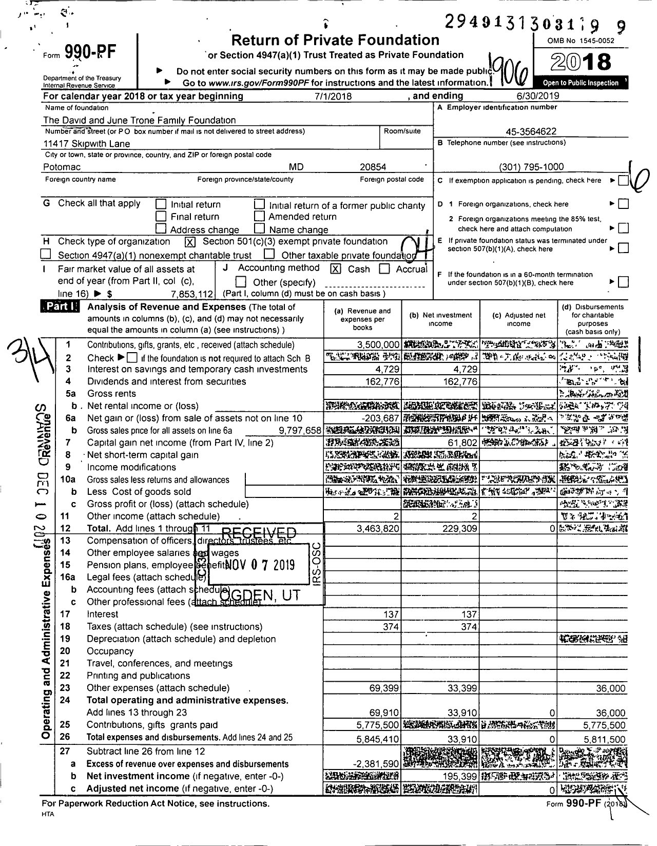 Image of first page of 2018 Form 990PF for The David and June Trone Family Foundation