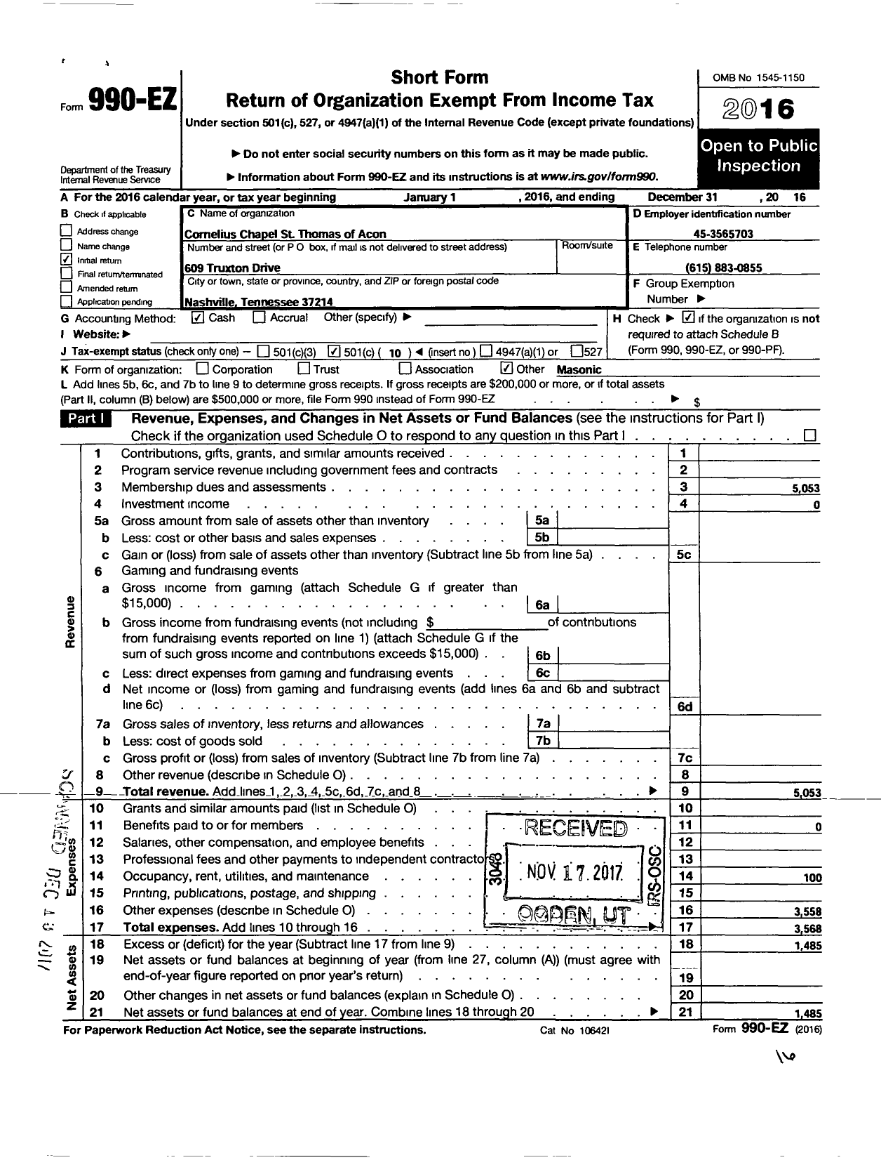 Image of first page of 2016 Form 990EO for Cornelius Chapel St Thomas of Acon