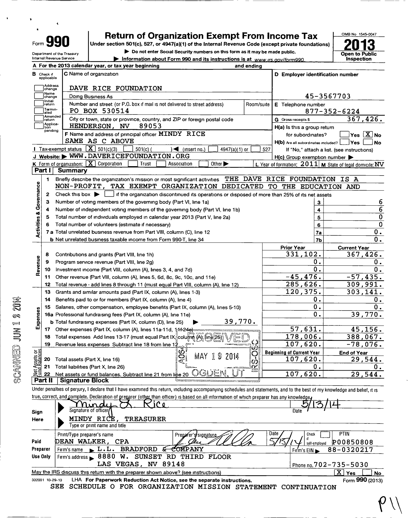 Image of first page of 2013 Form 990 for Dave Rice Foundation