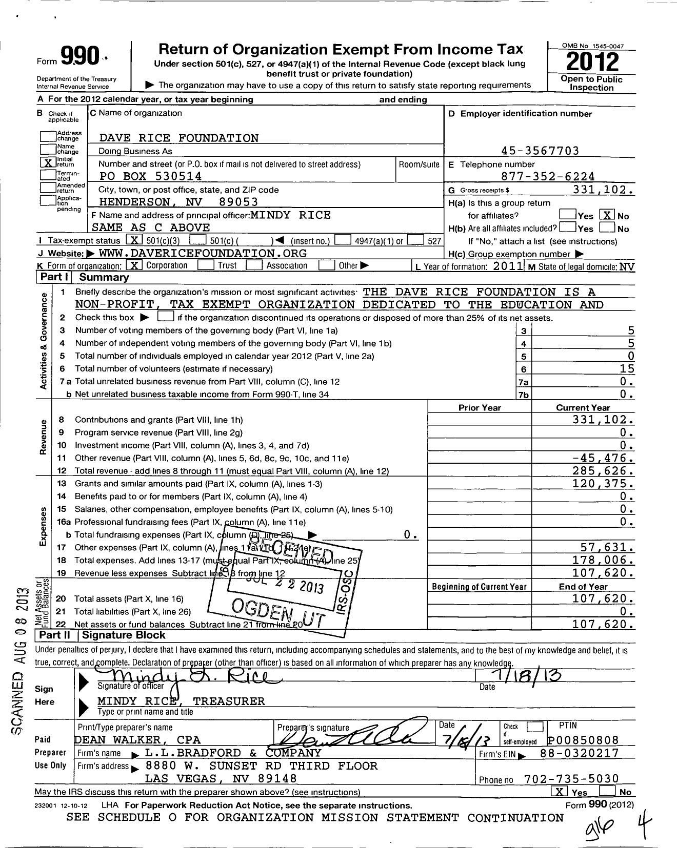 Image of first page of 2012 Form 990 for Dave Rice Foundation