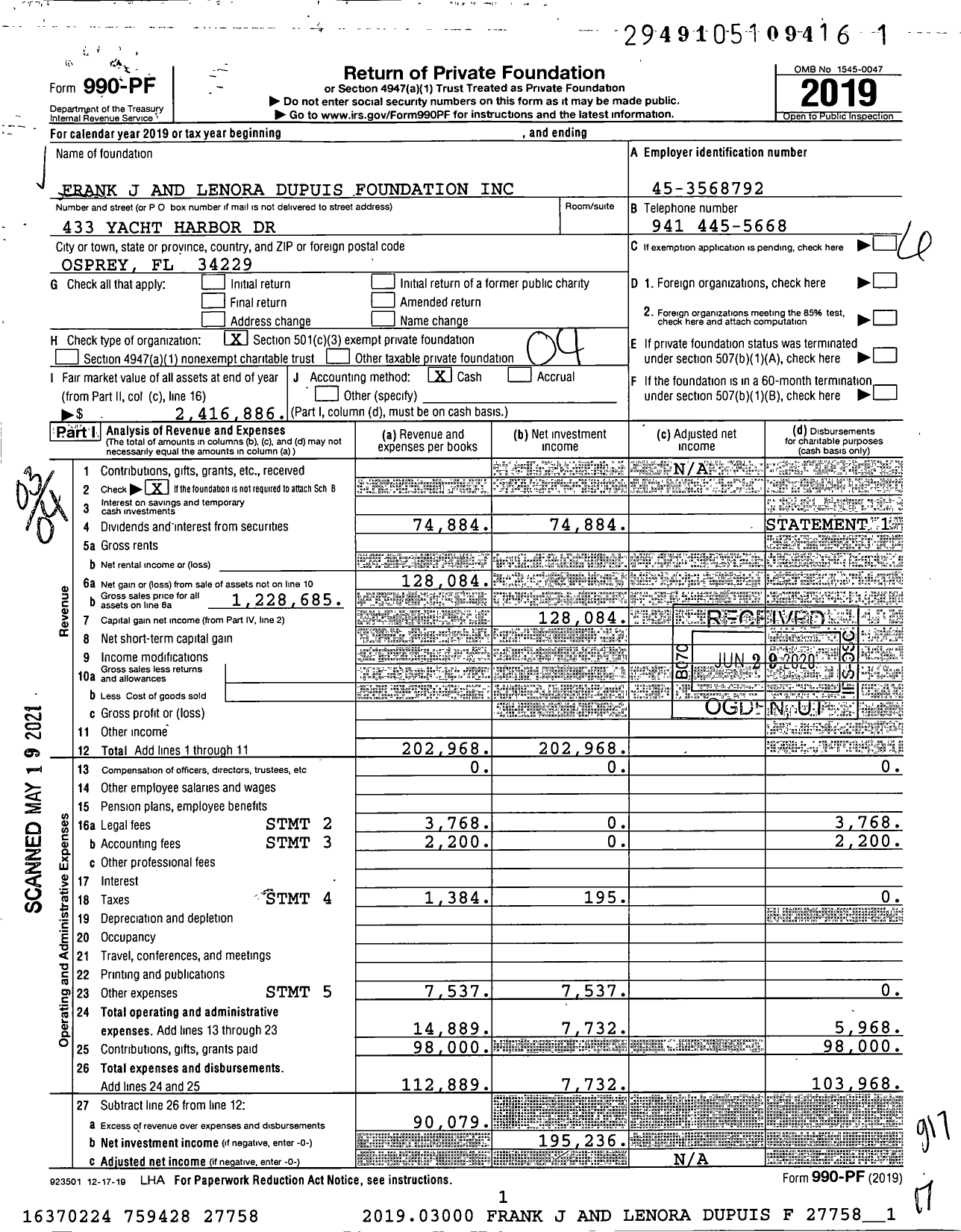 Image of first page of 2019 Form 990PF for Frank J and Lenora Dupuis Foundation