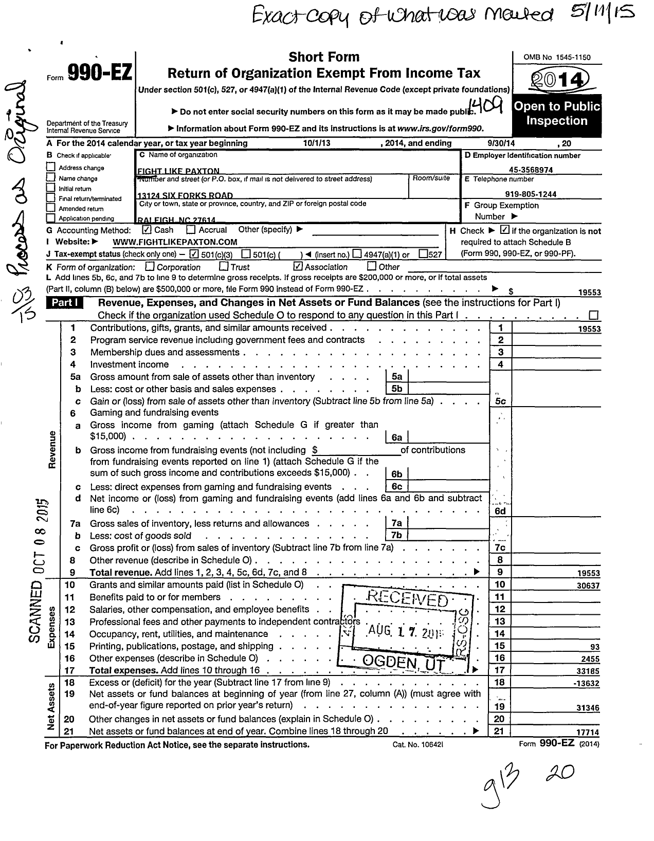 Image of first page of 2013 Form 990EZ for Fight Like Paxton