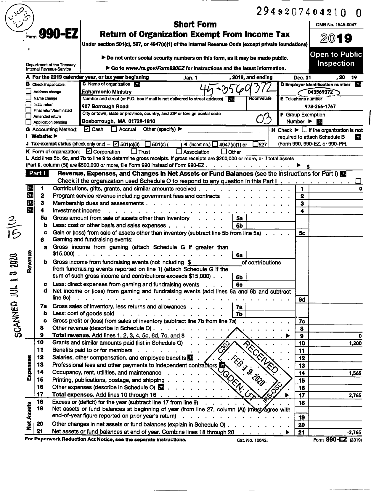 Image of first page of 2019 Form 990EZ for Enharmonic Ministry