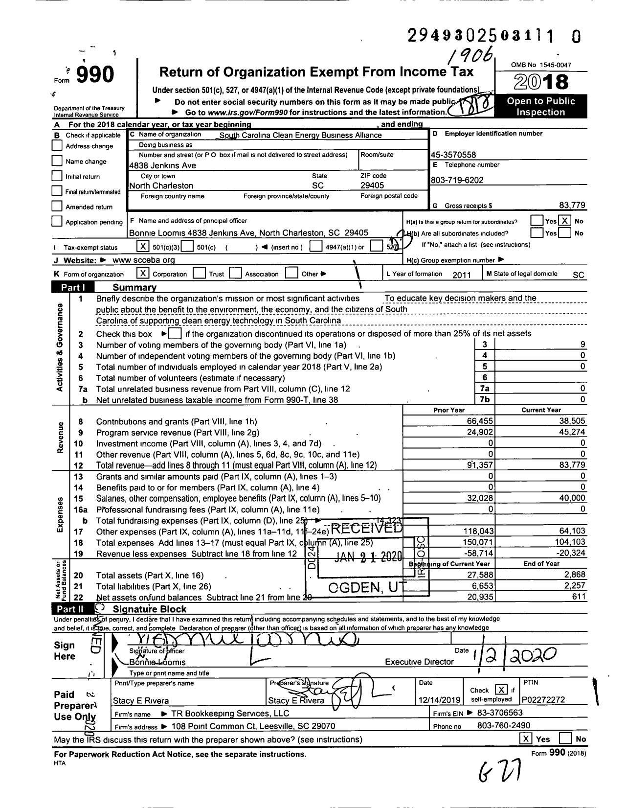 Image of first page of 2018 Form 990 for South Carolina Clean Energy Business Alliance