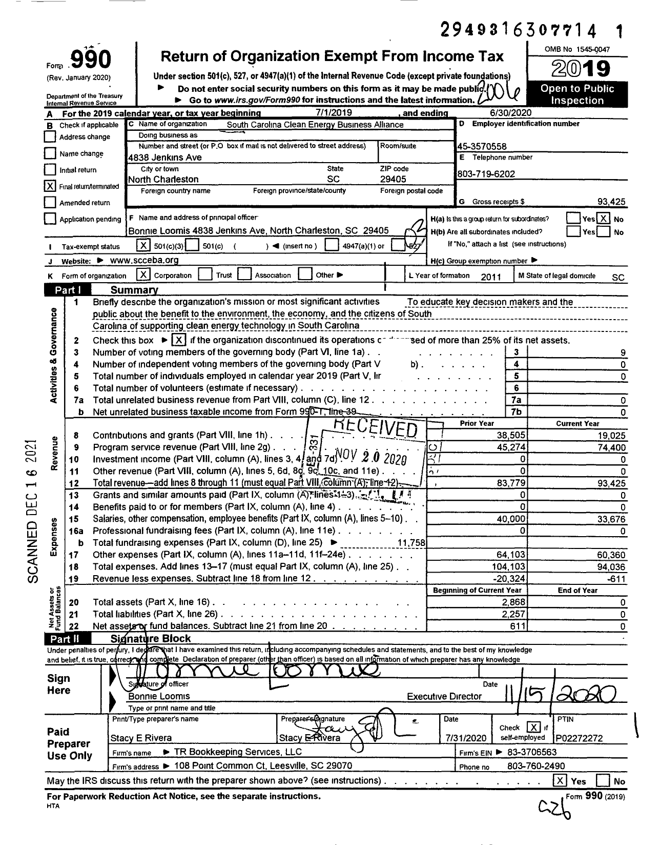 Image of first page of 2019 Form 990 for South Carolina Clean Energy Business Alliance