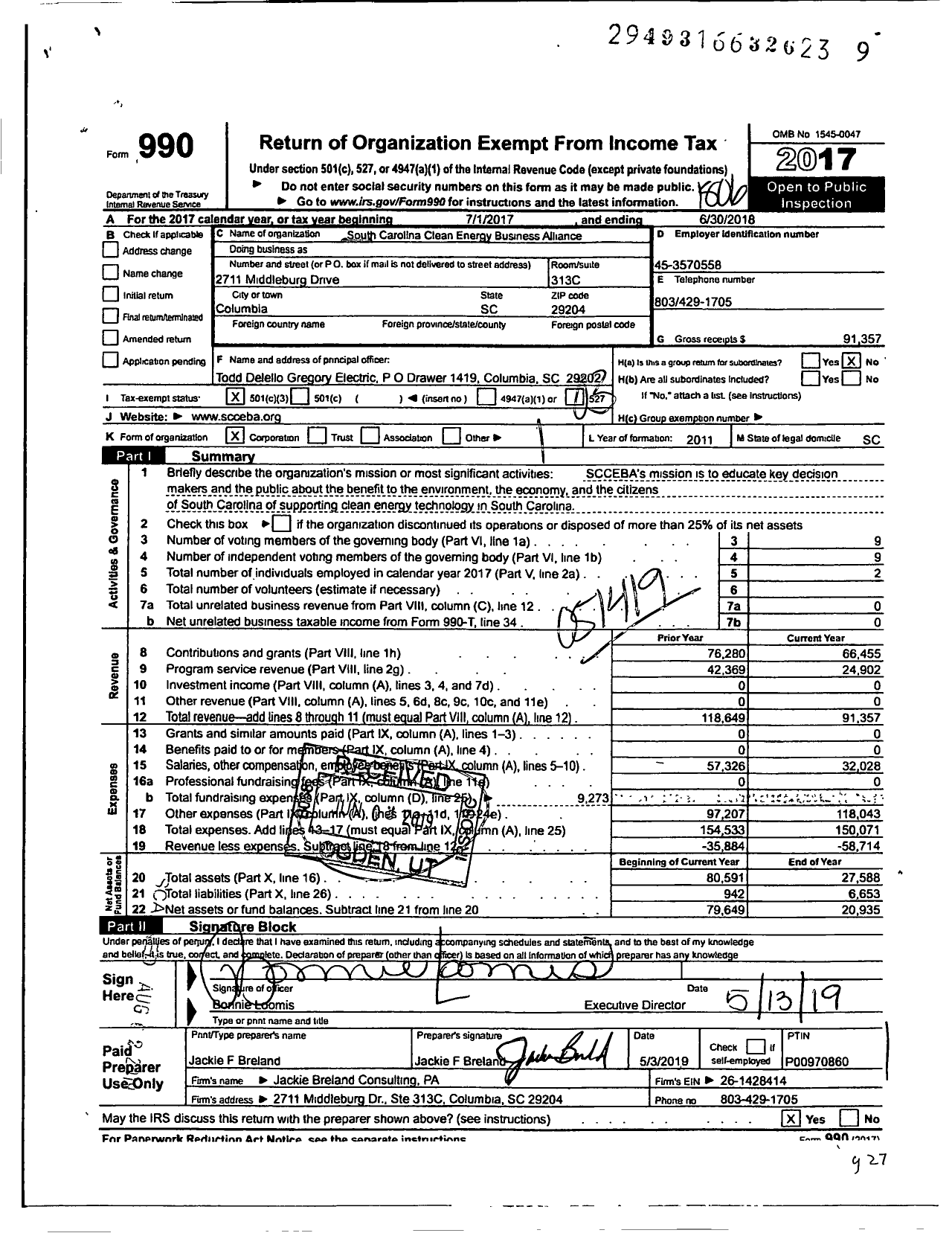 Image of first page of 2017 Form 990 for South Carolina Clean Energy Business Alliance