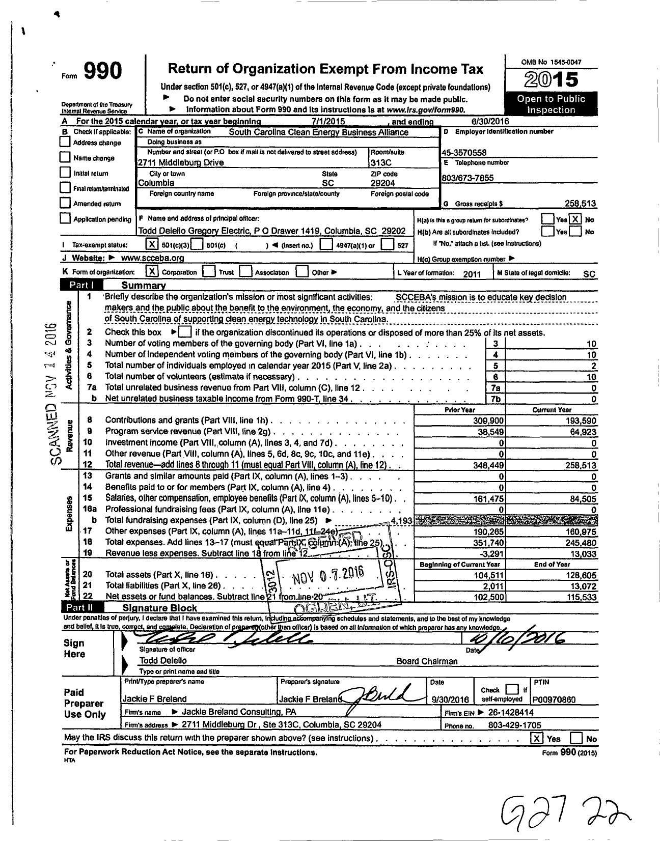 Image of first page of 2015 Form 990 for South Carolina Clean Energy Business Alliance