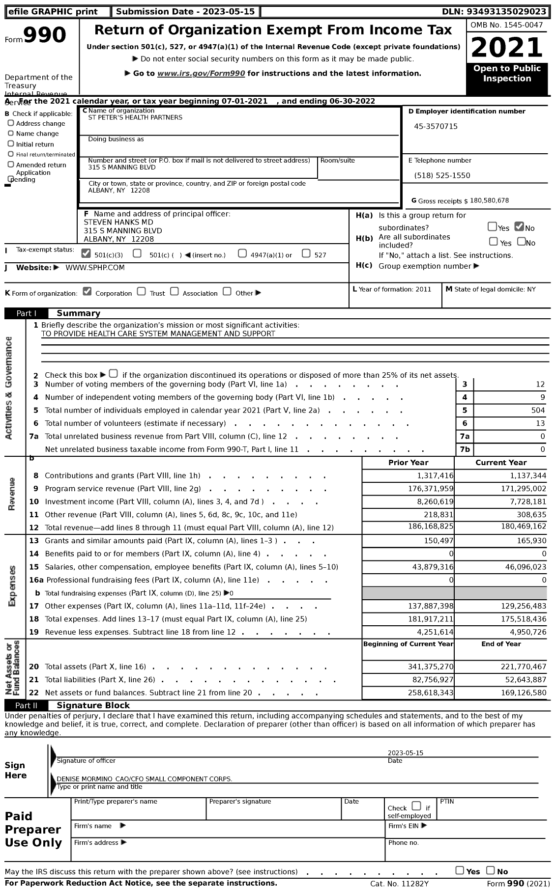 Image of first page of 2021 Form 990 for Saint Peters Health Partners (SPHP)