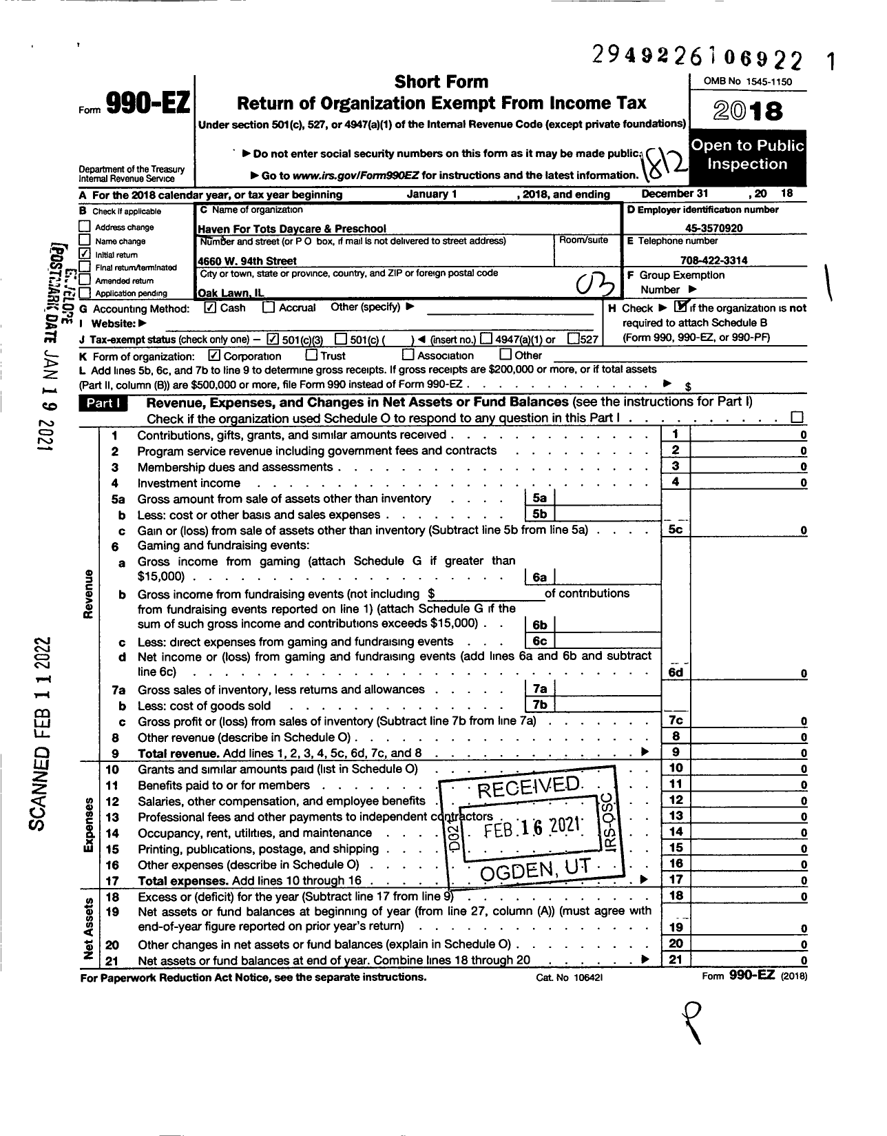 Image of first page of 2018 Form 990EZ for Haven for Tots Daycare and Preschool