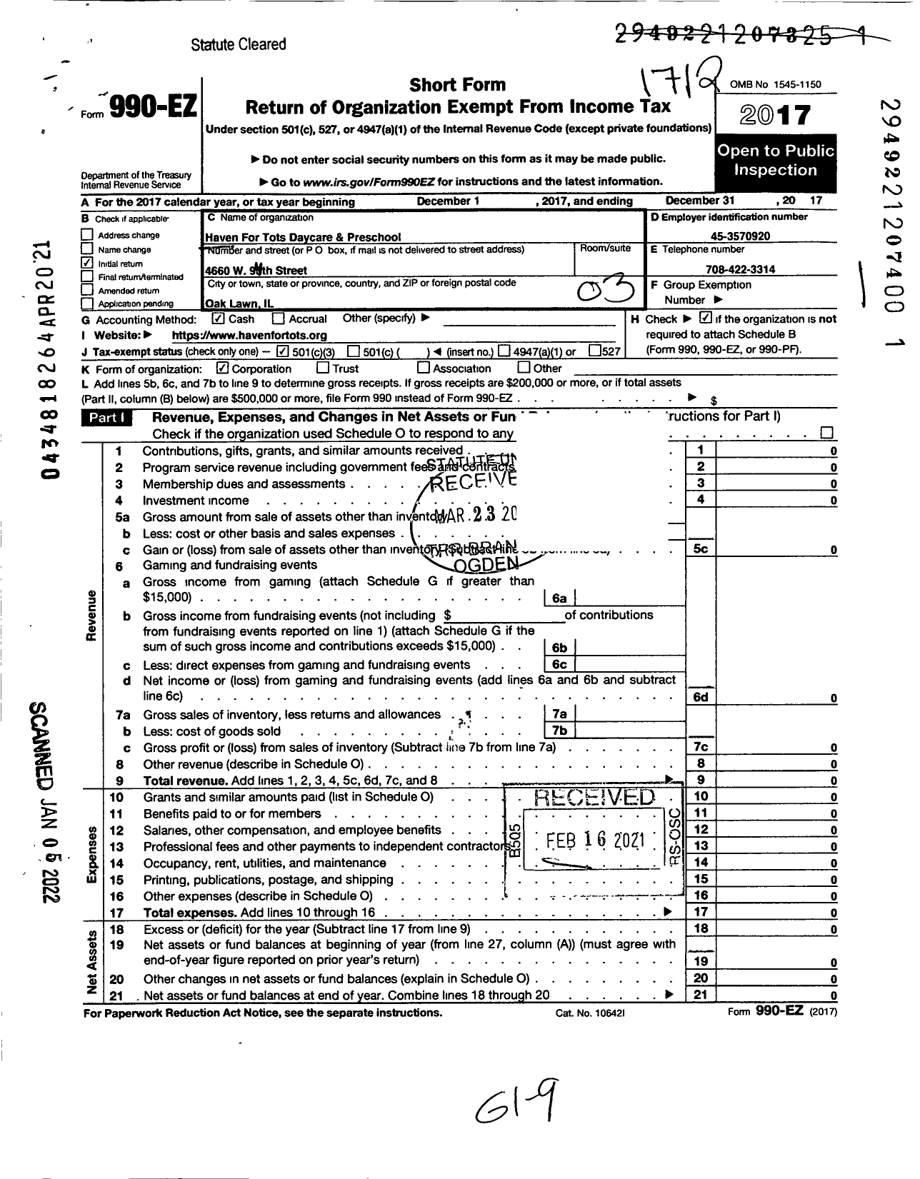 Image of first page of 2017 Form 990EZ for Haven for Tots Daycare and Preschool