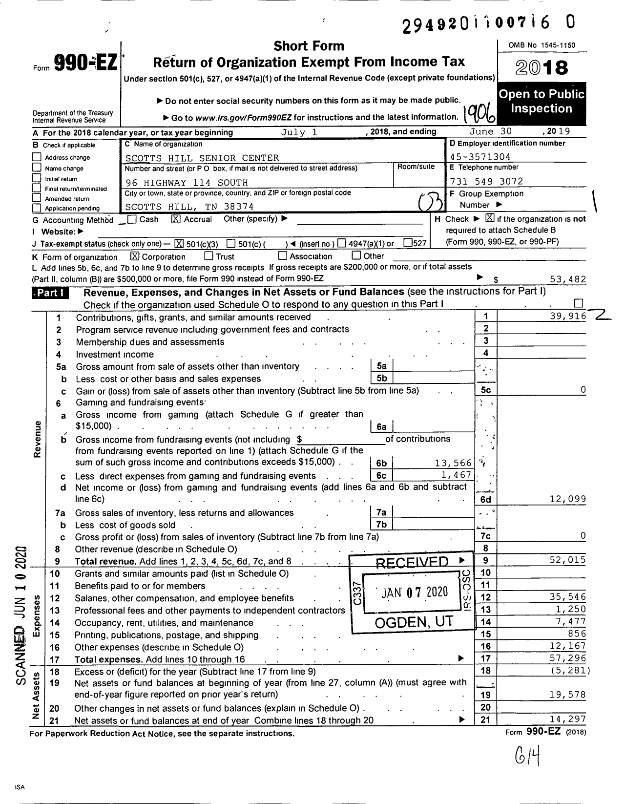 Image of first page of 2018 Form 990EZ for Scotts Hill Senior Center