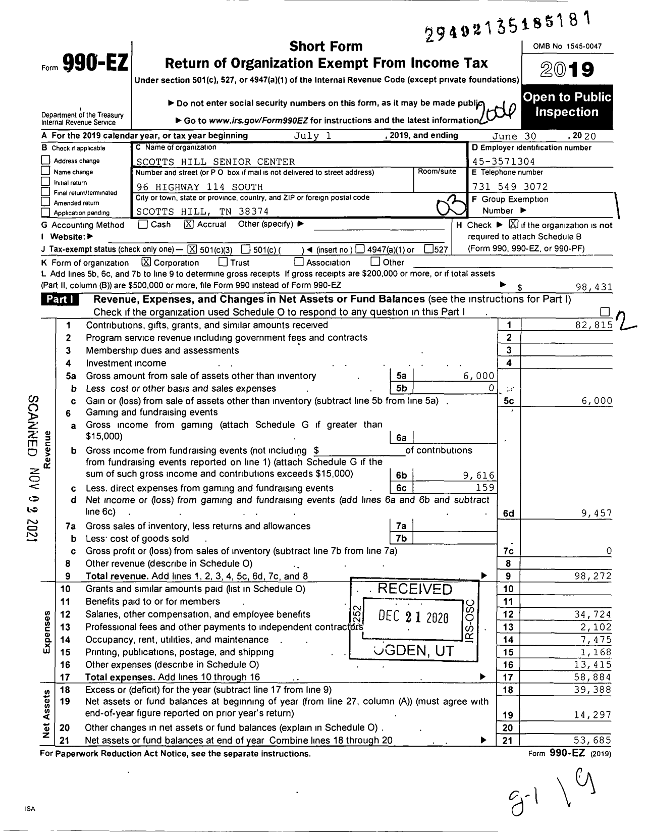 Image of first page of 2019 Form 990EZ for Scotts Hill Senior Center