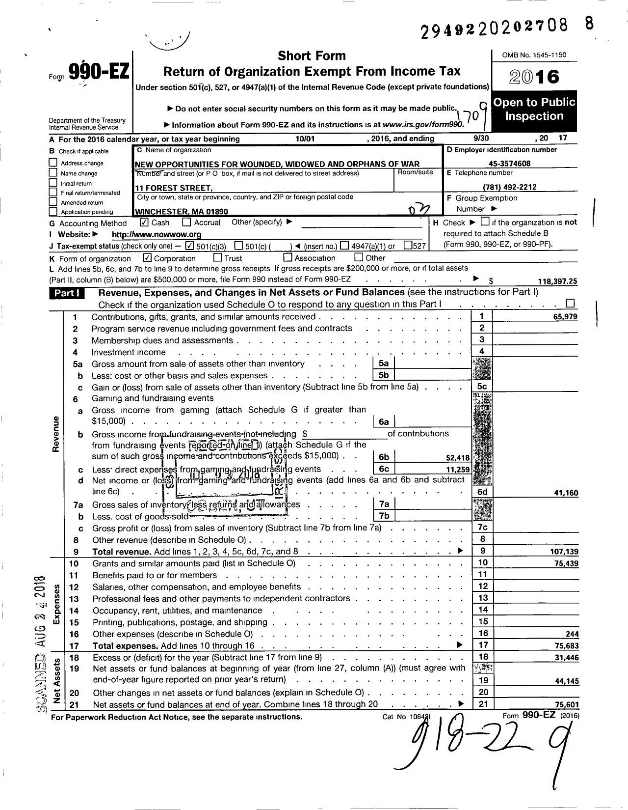 Image of first page of 2016 Form 990EZ for New Opportunities for Wounded Widowed and Orphans of War