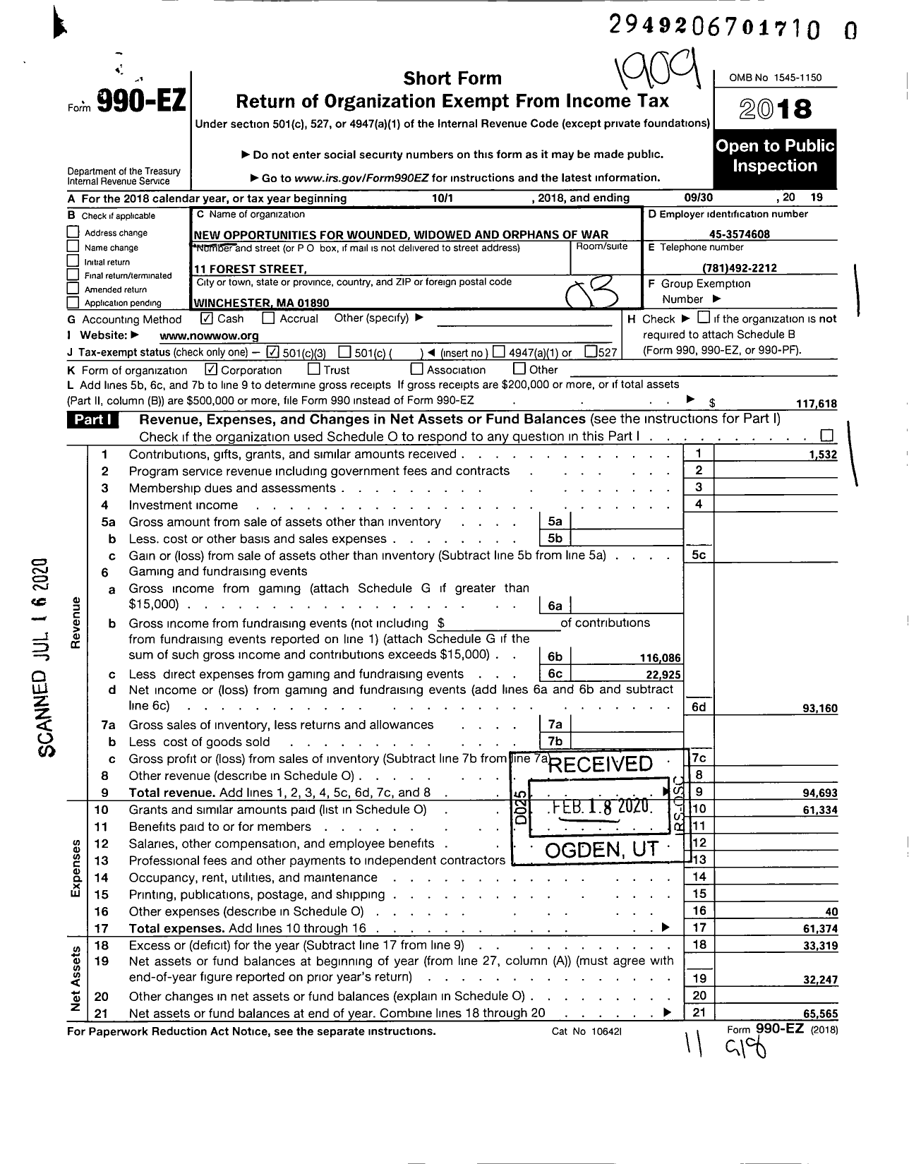 Image of first page of 2018 Form 990EZ for New Opportunities for Wounded Widowed and Orphans of War