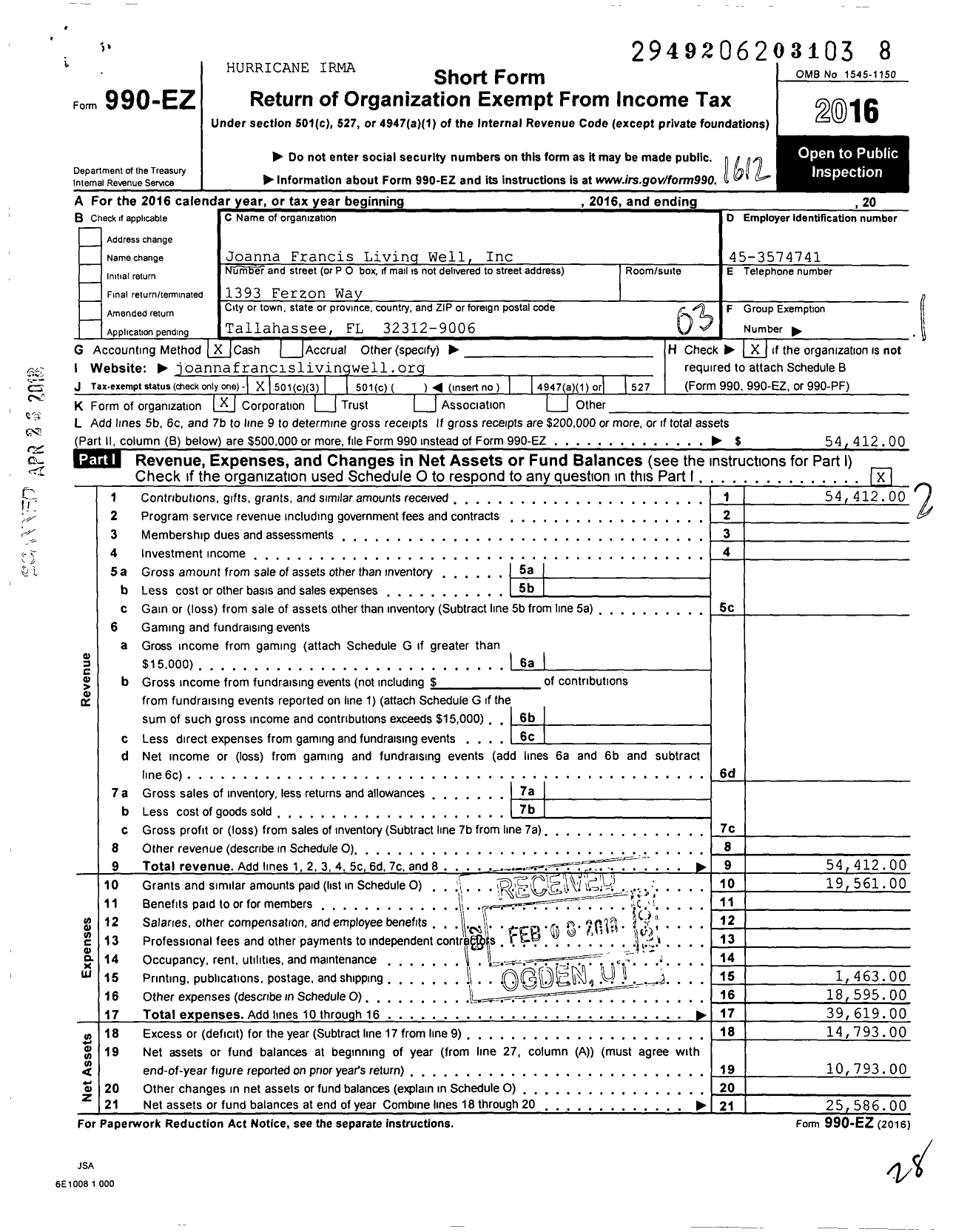 Image of first page of 2016 Form 990EZ for Joanna Francis Living Well (Living Well)