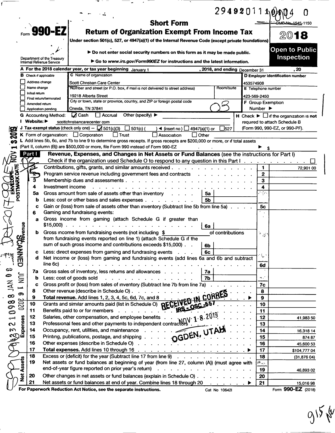 Image of first page of 2018 Form 990EZ for Scott Christian Care Center