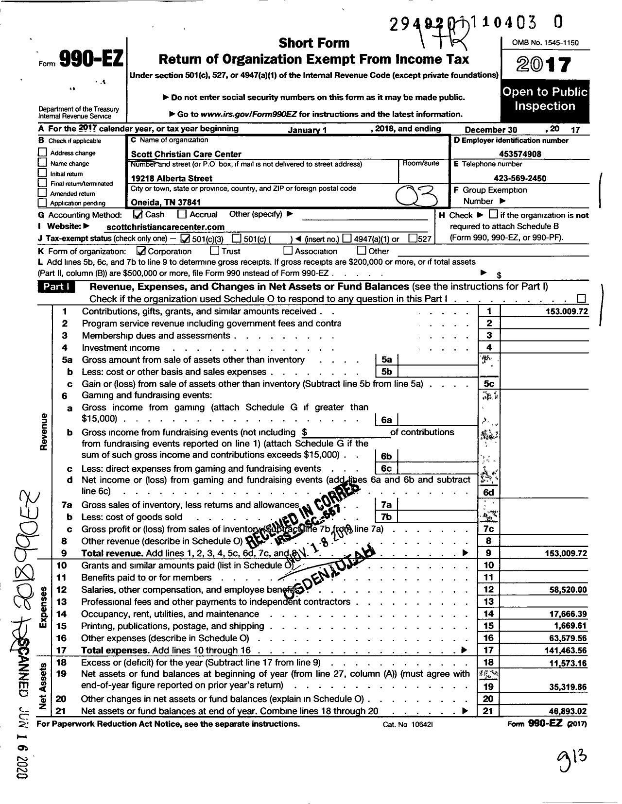 Image of first page of 2017 Form 990EZ for Scott Christian Care Center