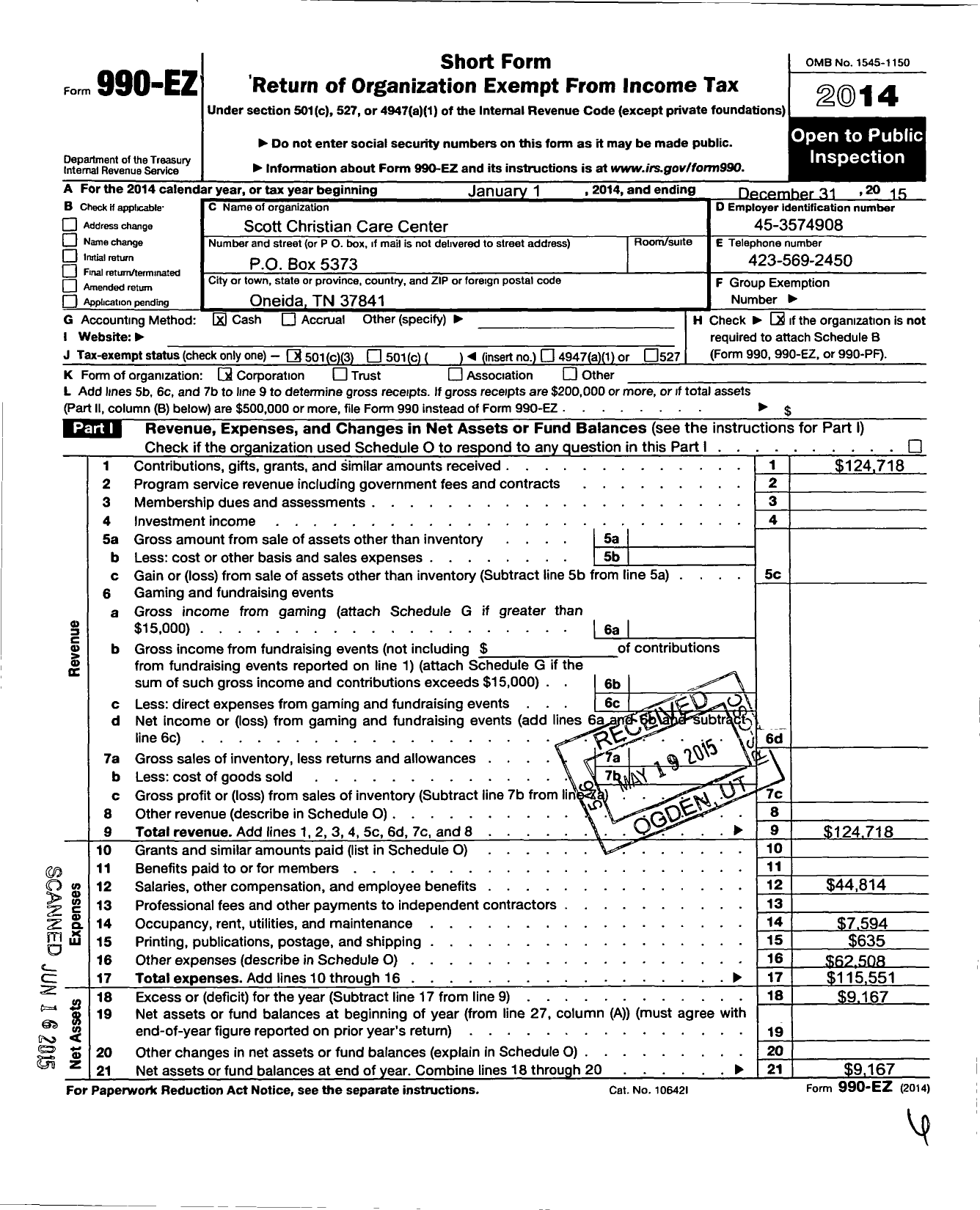 Image of first page of 2015 Form 990EZ for Scott Christian Care Center