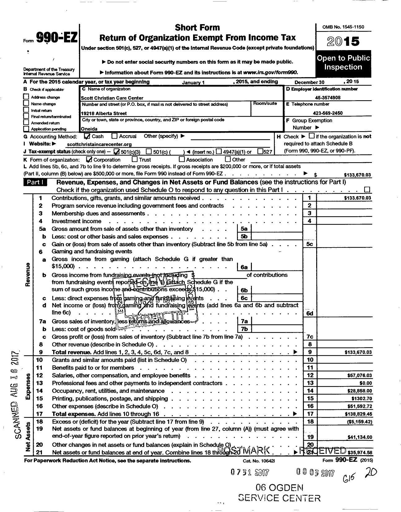 Image of first page of 2015 Form 990EZ for Scott Christian Care Center