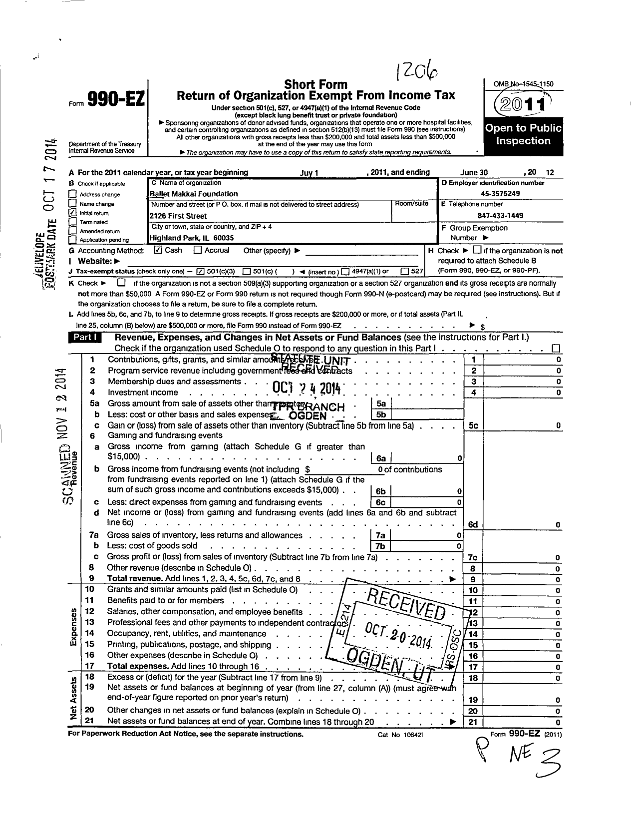 Image of first page of 2011 Form 990EZ for Ballet Makkai Foundation