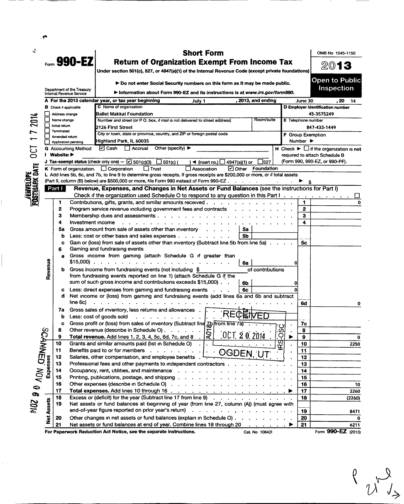 Image of first page of 2013 Form 990EZ for Ballet Makkai Foundation