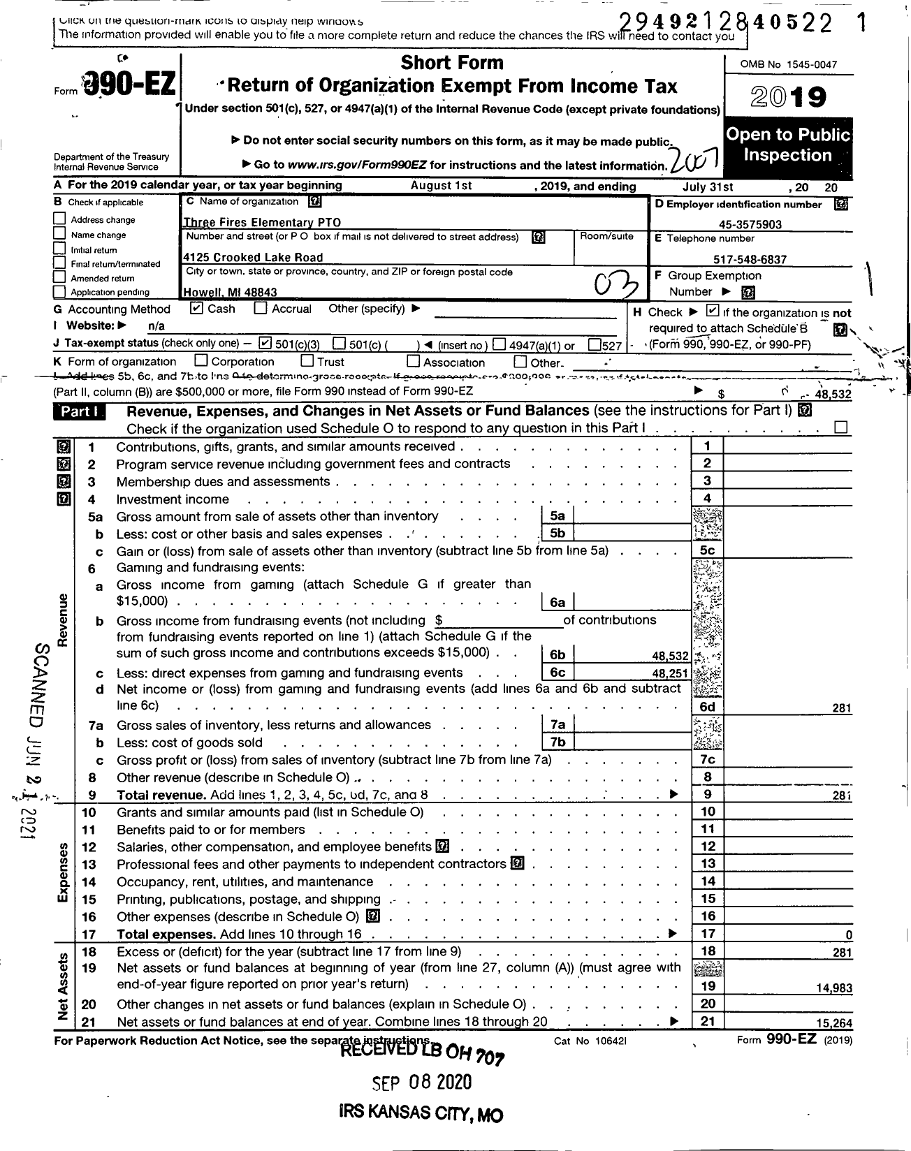 Image of first page of 2019 Form 990EZ for Three Fires Elementary PTO