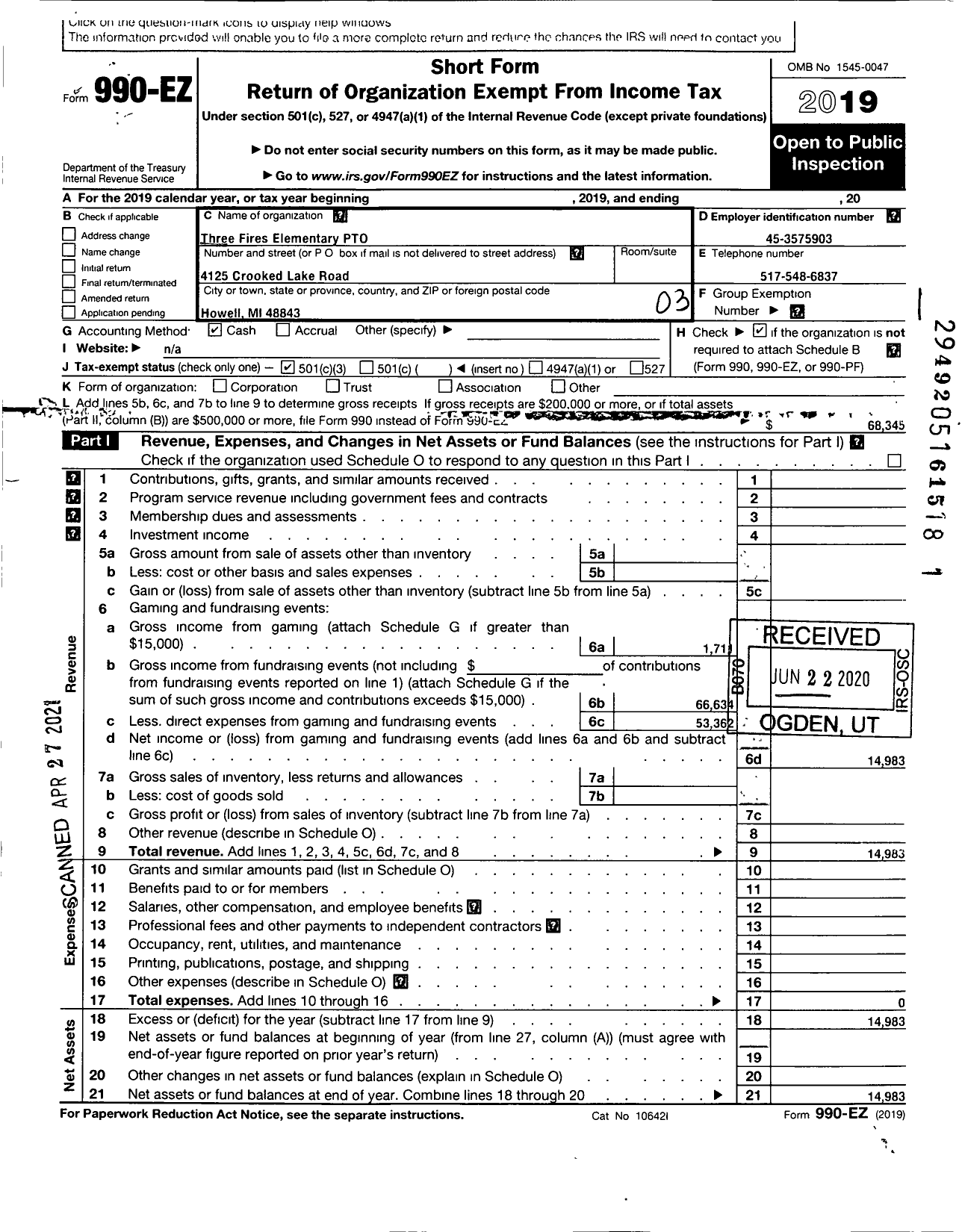 Image of first page of 2019 Form 990EZ for Three Fires Elementary PTO