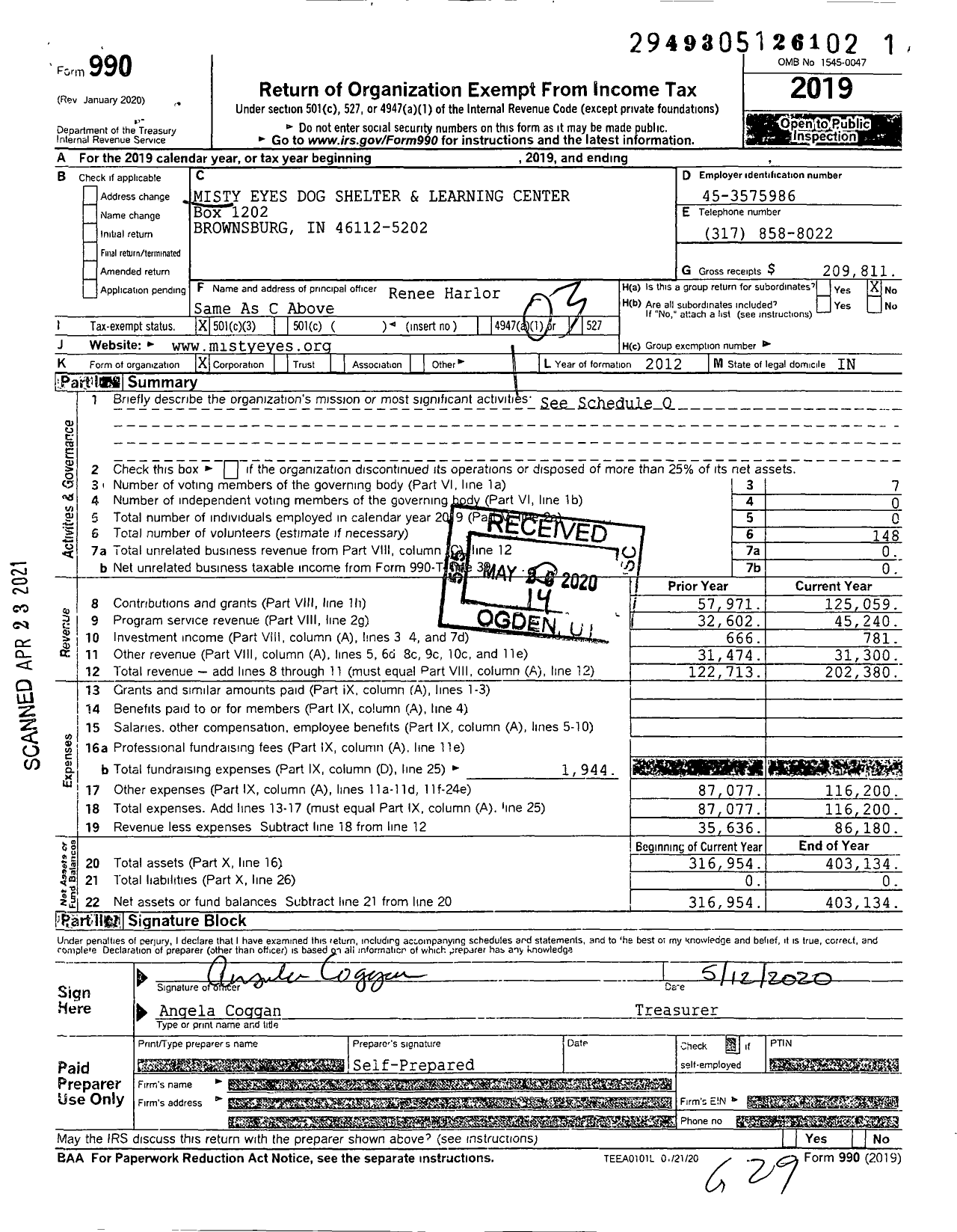 Image of first page of 2019 Form 990 for Misty Eyes Dog Shelter and Humane Education