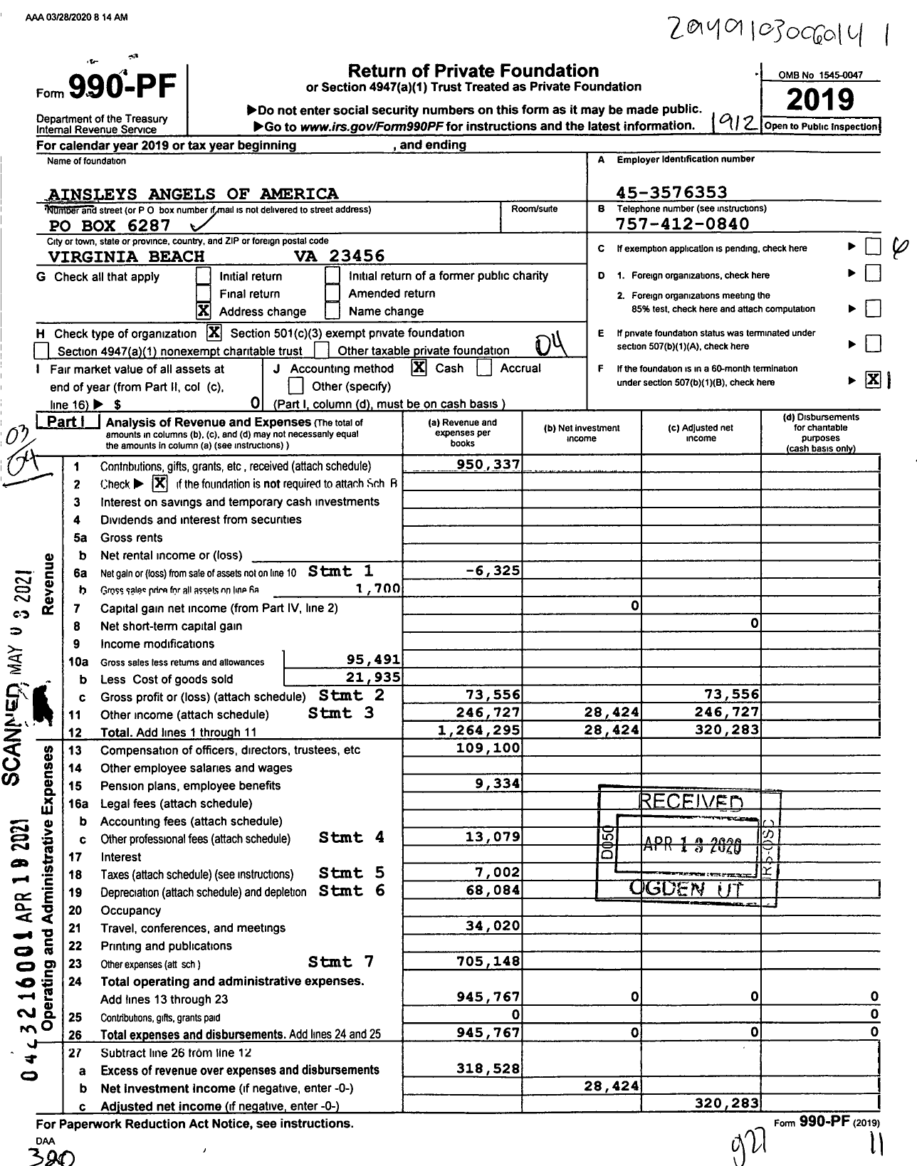 Image of first page of 2019 Form 990PF for Ainsley's Angels of America