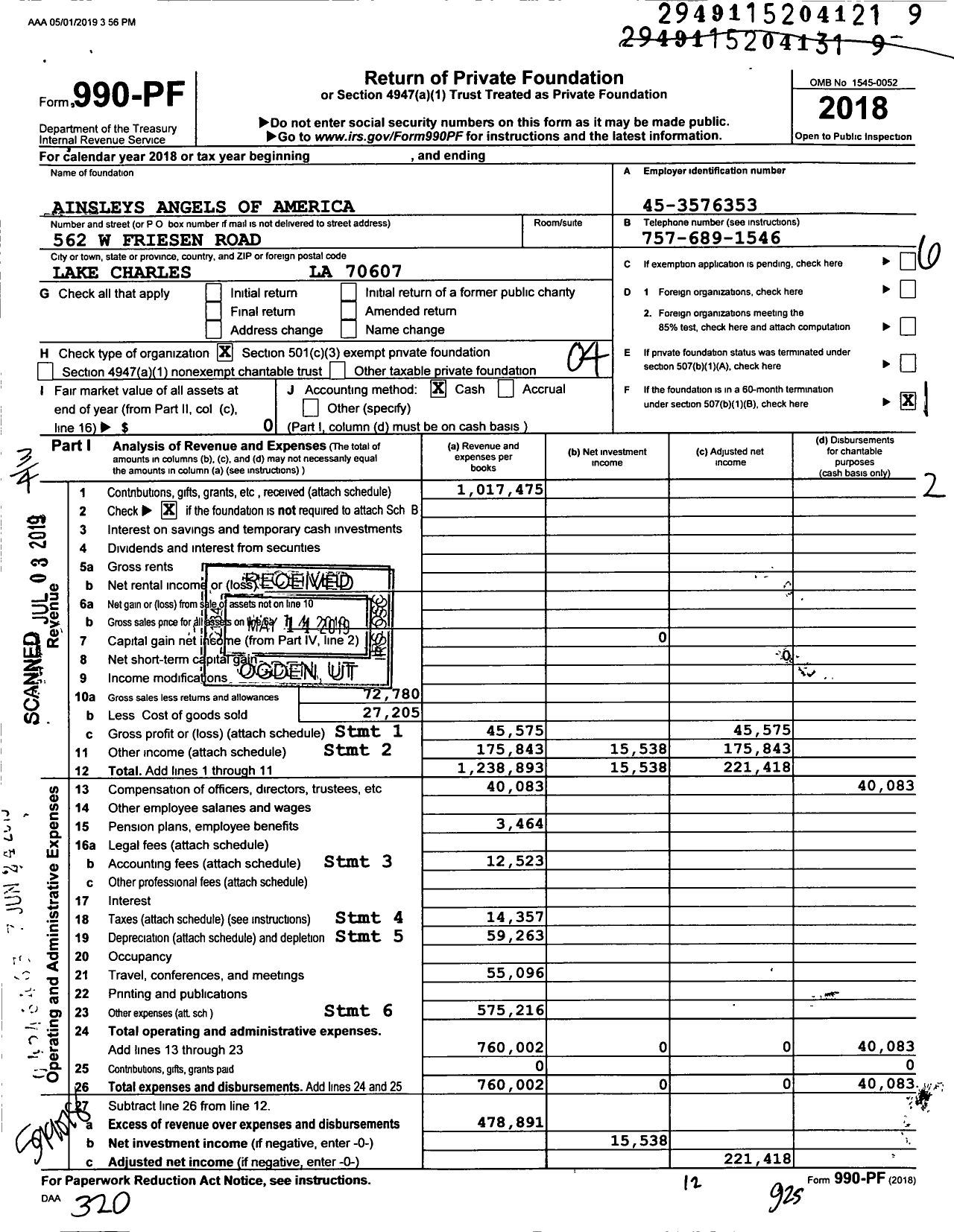 Image of first page of 2018 Form 990PF for Ainsley's Angels of America