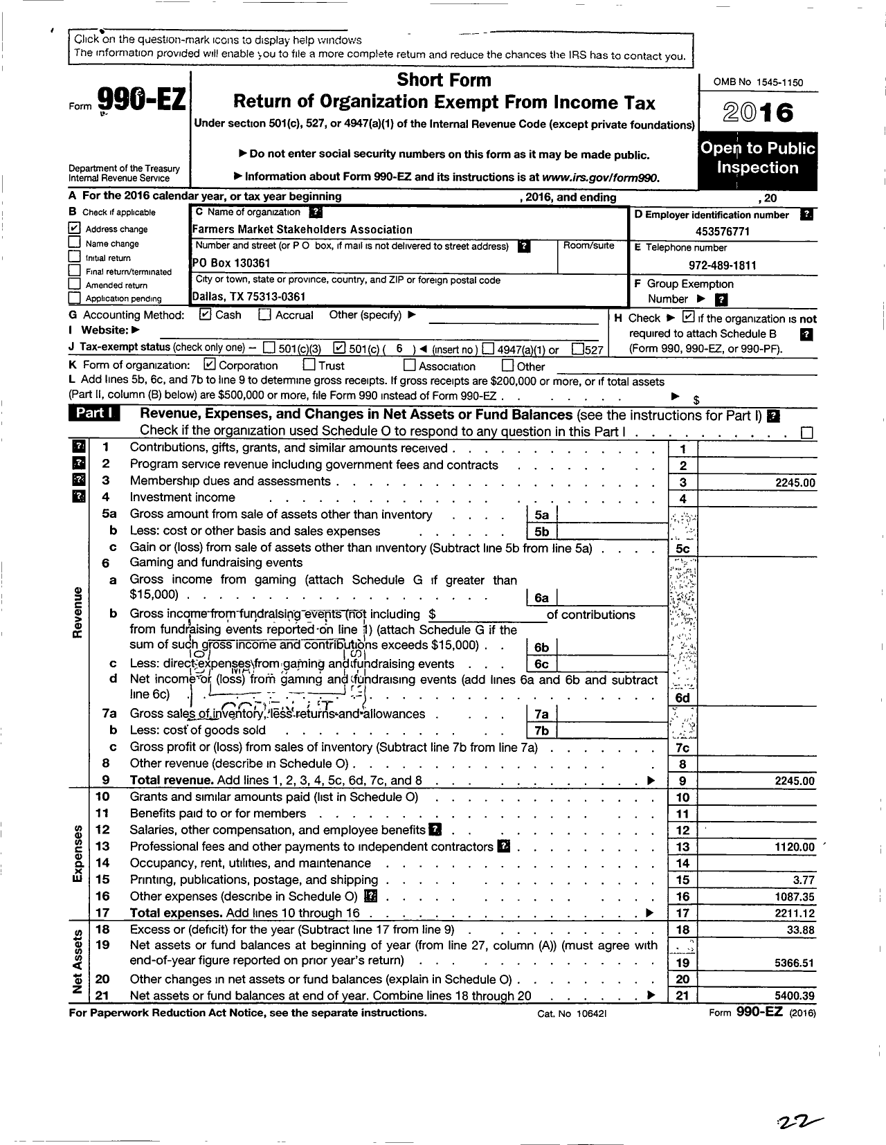 Image of first page of 2016 Form 990EO for Farmers Market Stakeholders Association