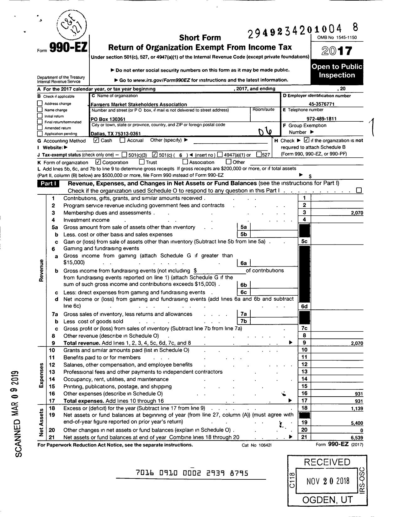 Image of first page of 2017 Form 990EO for Farmers Market Stakeholders Association