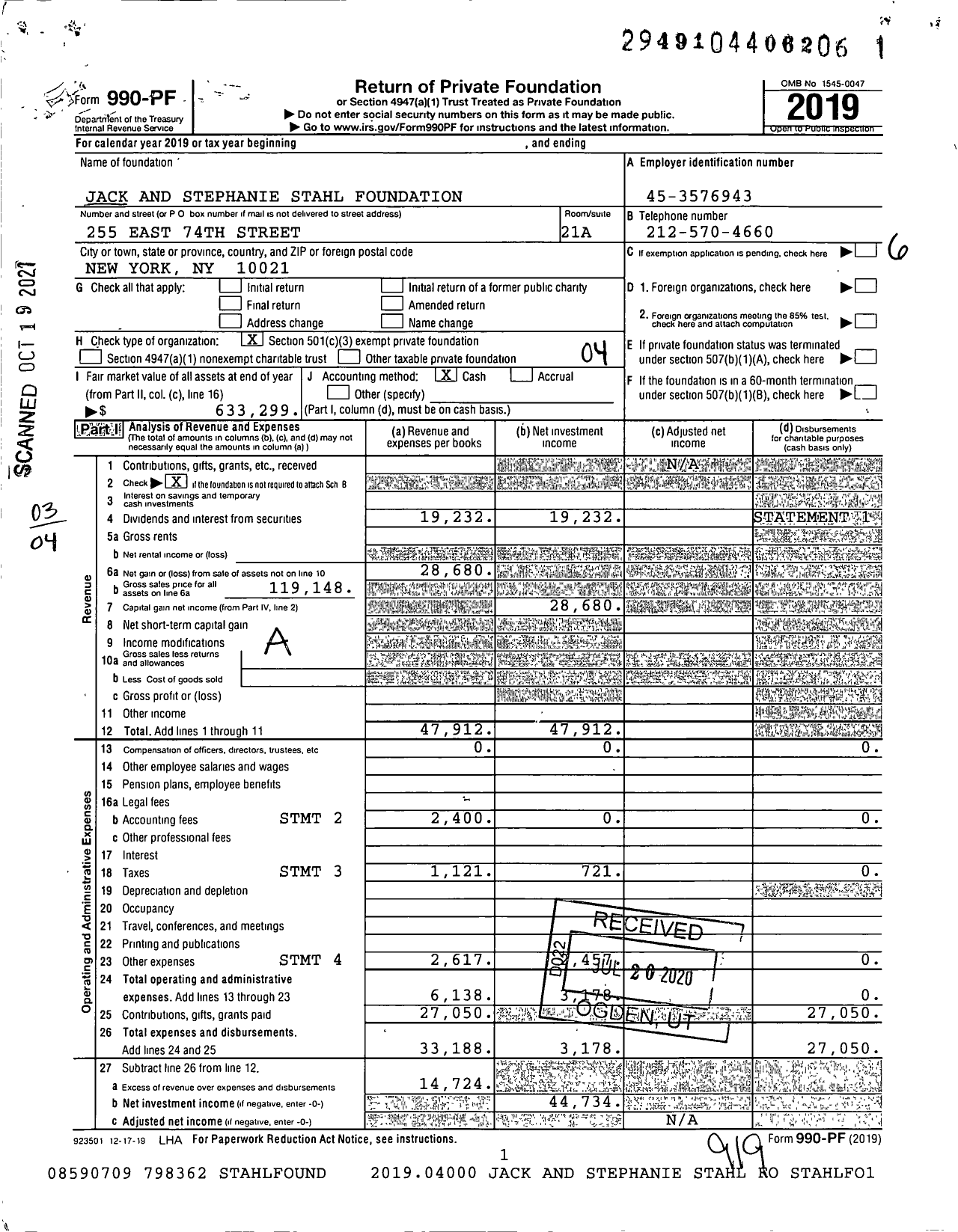 Image of first page of 2019 Form 990PF for Jack and Stephanie Stahl Foundation