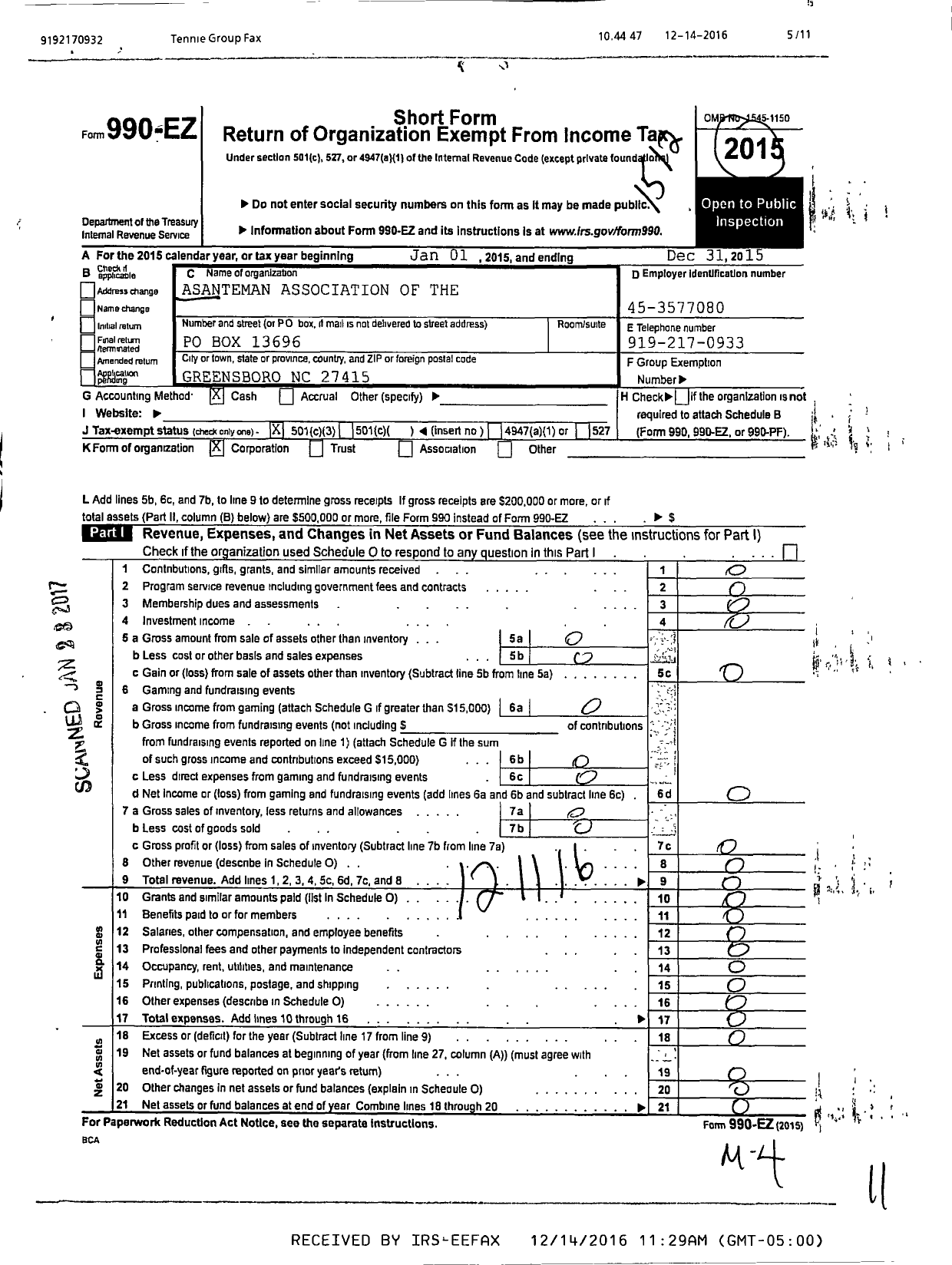Image of first page of 2015 Form 990EZ for Asanteman Association of the Triad