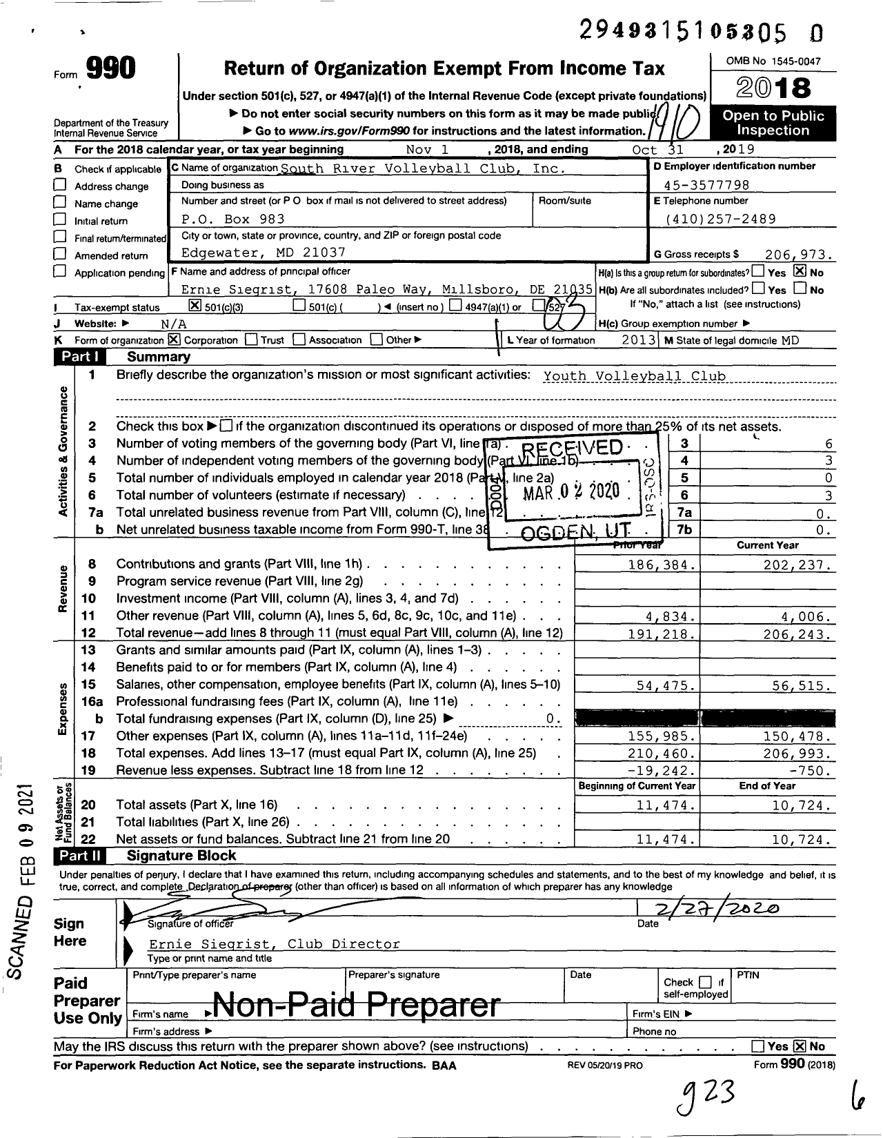 Image of first page of 2018 Form 990 for South River Volleyball Club