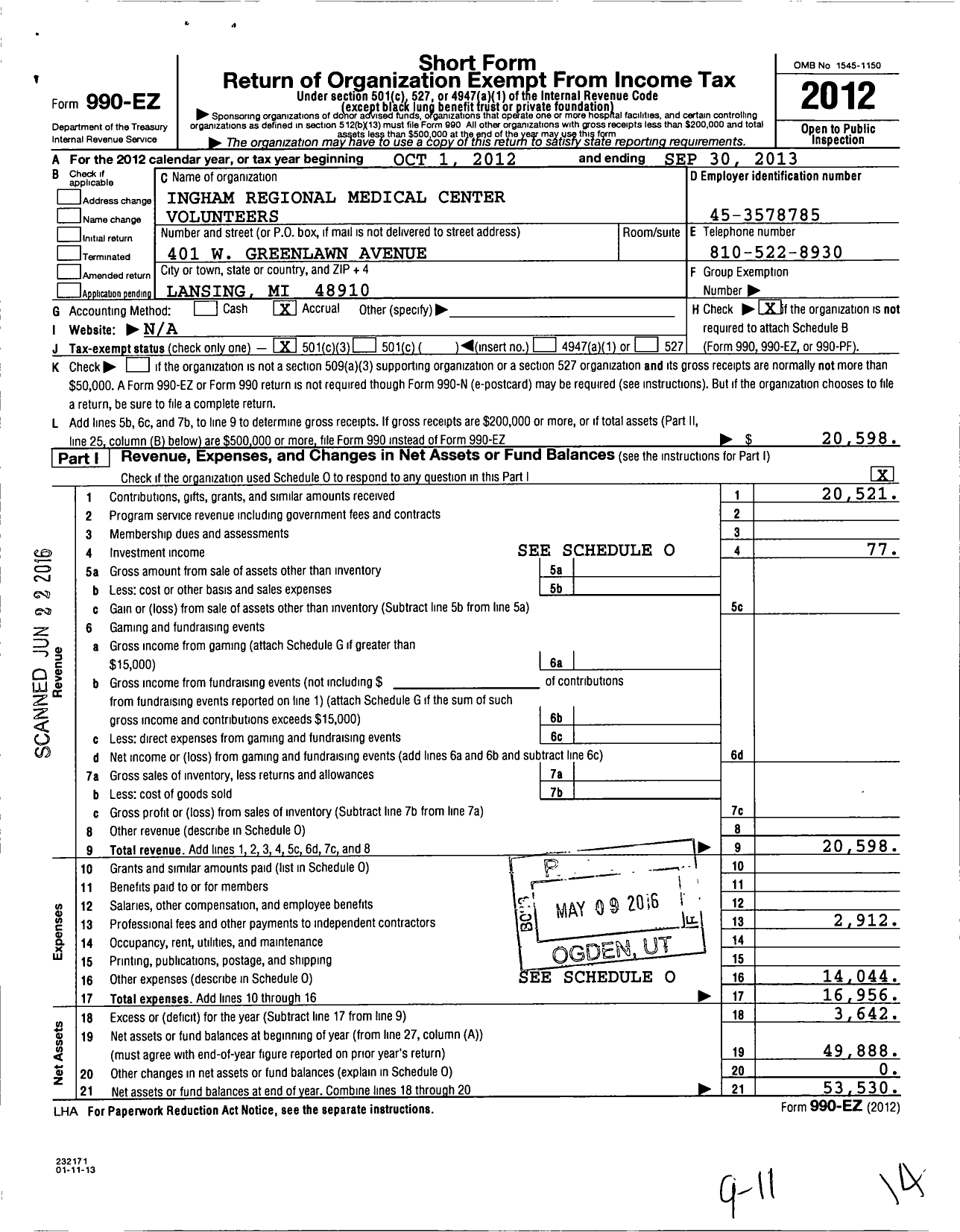 Image of first page of 2012 Form 990EZ for Mclaren Greater Lansing Volunteers