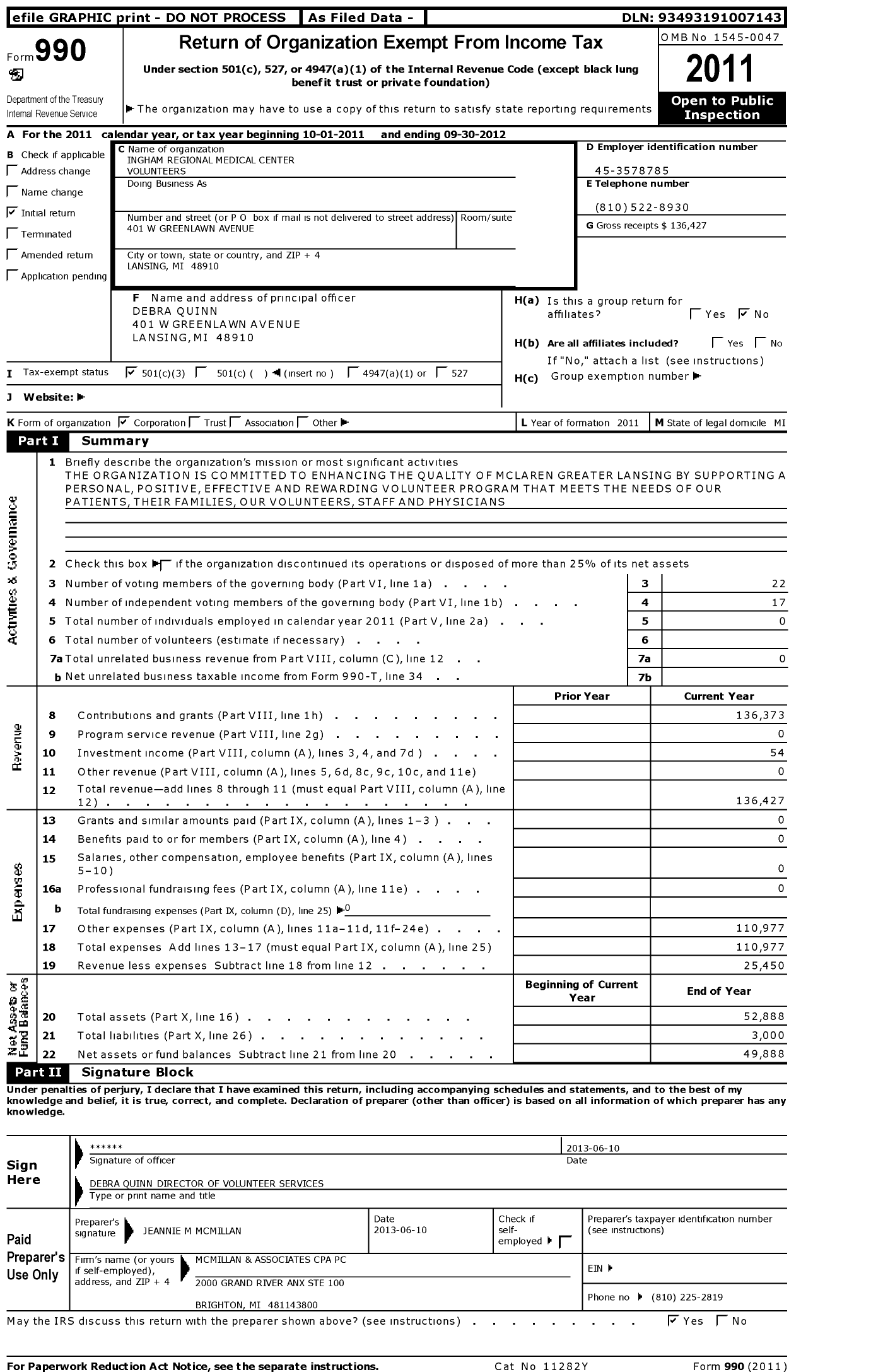 Image of first page of 2011 Form 990 for Mclaren Greater Lansing Volunteers