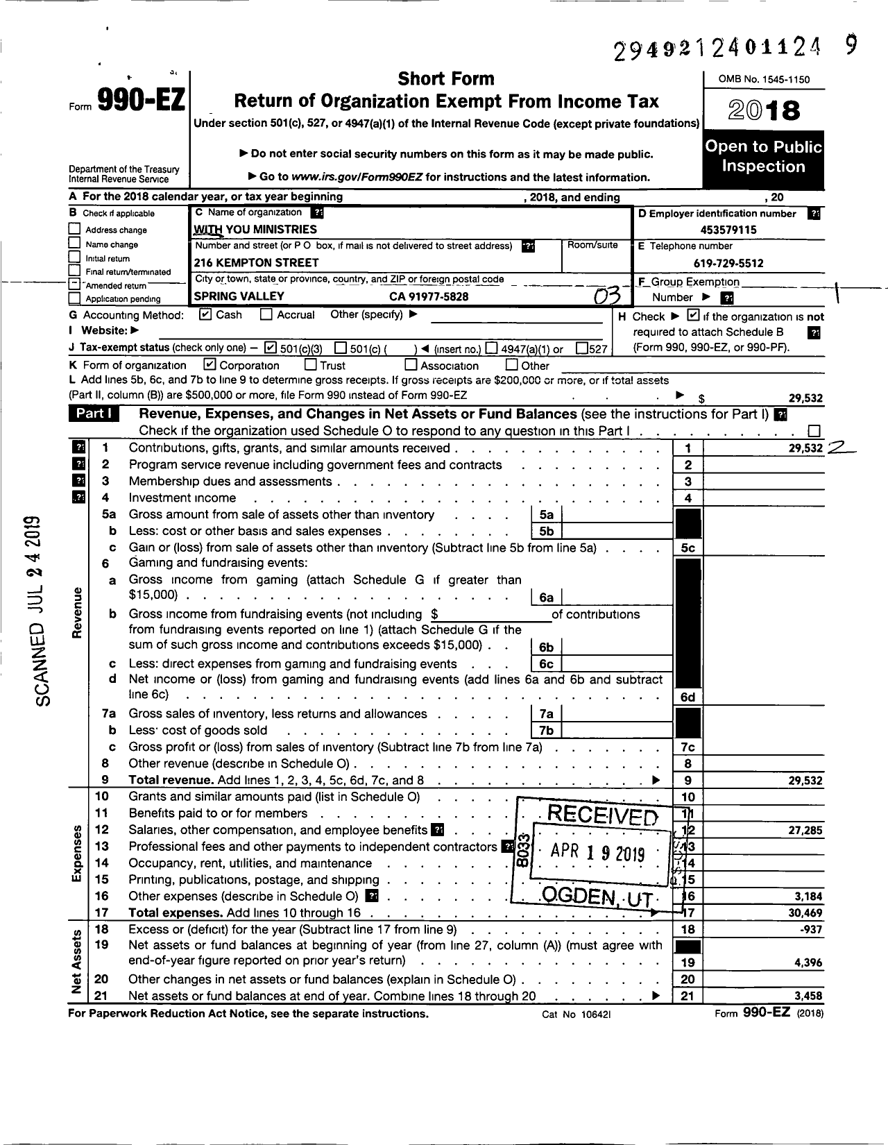 Image of first page of 2018 Form 990EZ for With You Ministries