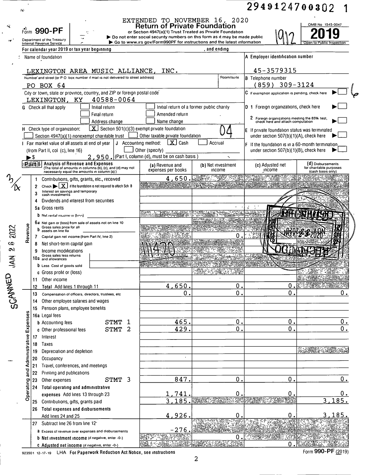 Image of first page of 2019 Form 990PF for Lexington Area Music Alliance