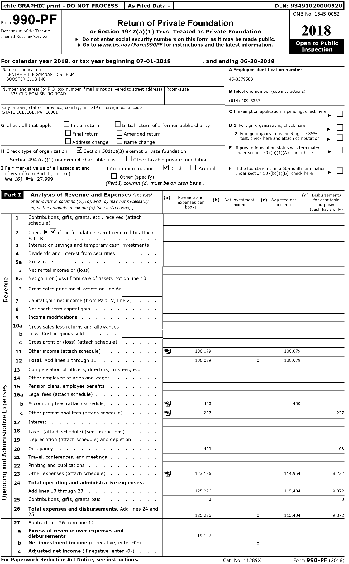 Image of first page of 2018 Form 990PR for Centre Elite Gymnastics Team Booster Club