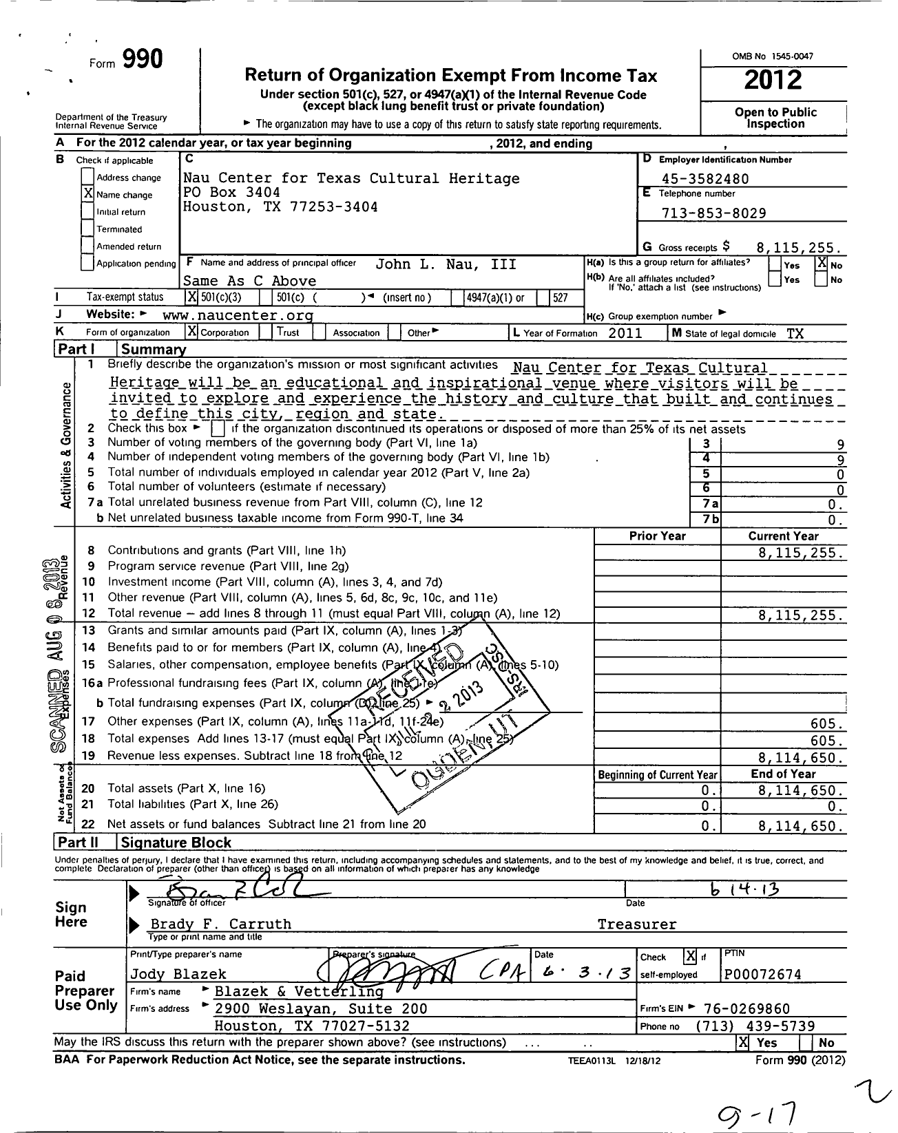 Image of first page of 2012 Form 990 for Nau Center for Texas Cultural Heritage