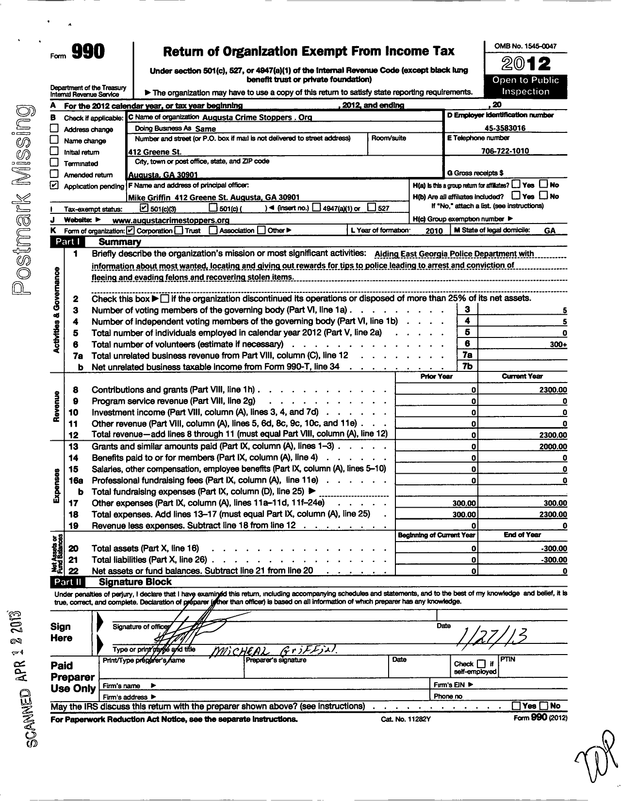 Image of first page of 2012 Form 990 for Augusta Crime Stoppers