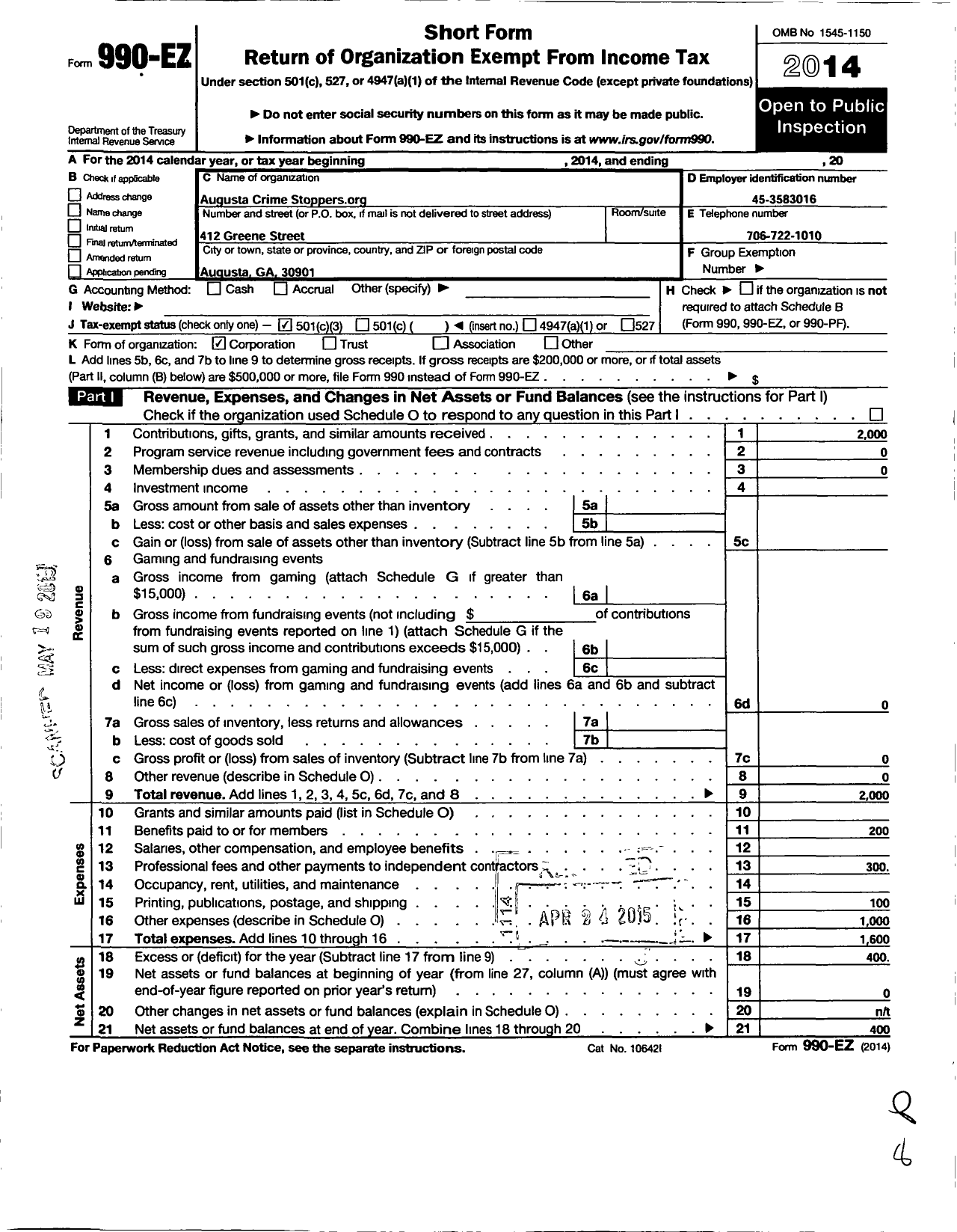 Image of first page of 2014 Form 990EZ for Augusta Crime Stoppers