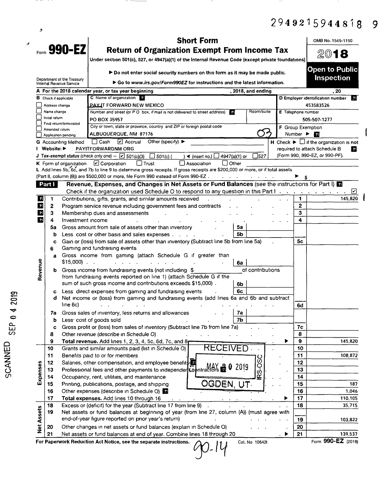 Image of first page of 2018 Form 990EZ for Pay It Forward New Mexico