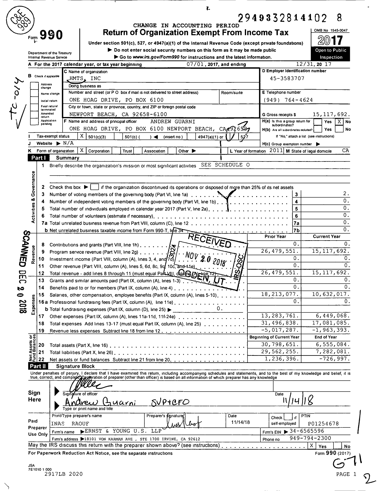 Image of first page of 2017 Form 990 for HMTS