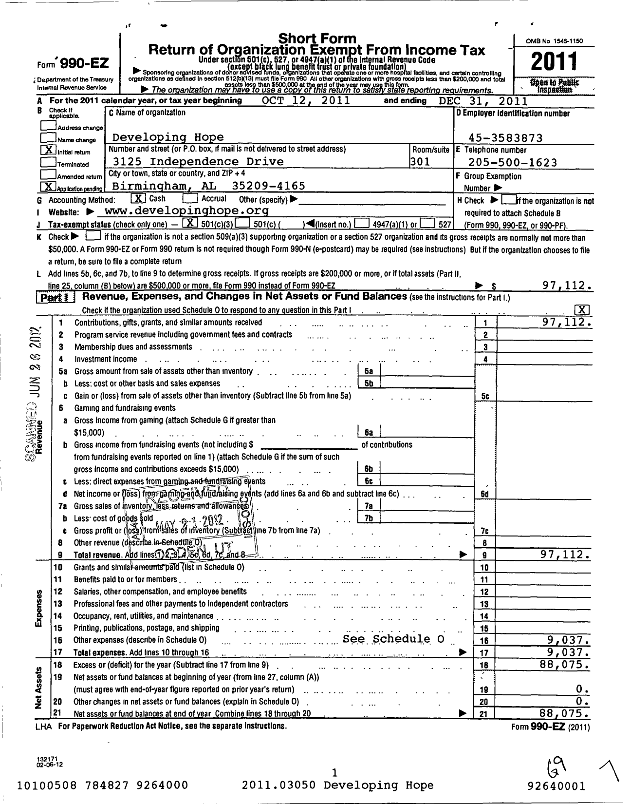 Image of first page of 2011 Form 990EZ for Developing Hope