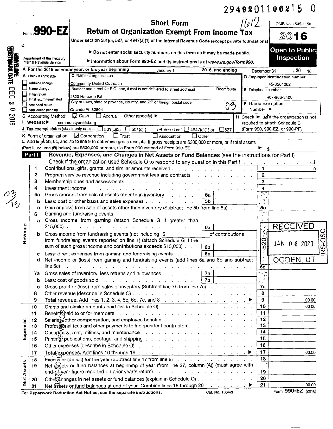 Image of first page of 2016 Form 990EZ for Community United Outreach