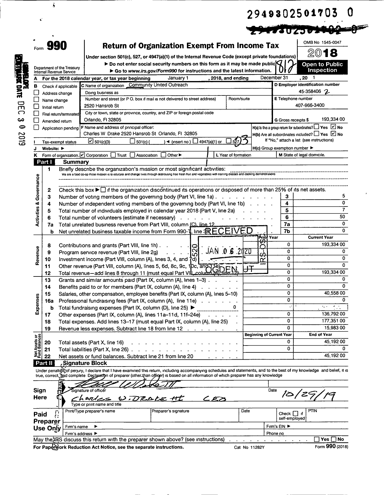 Image of first page of 2018 Form 990 for Community United Outreach